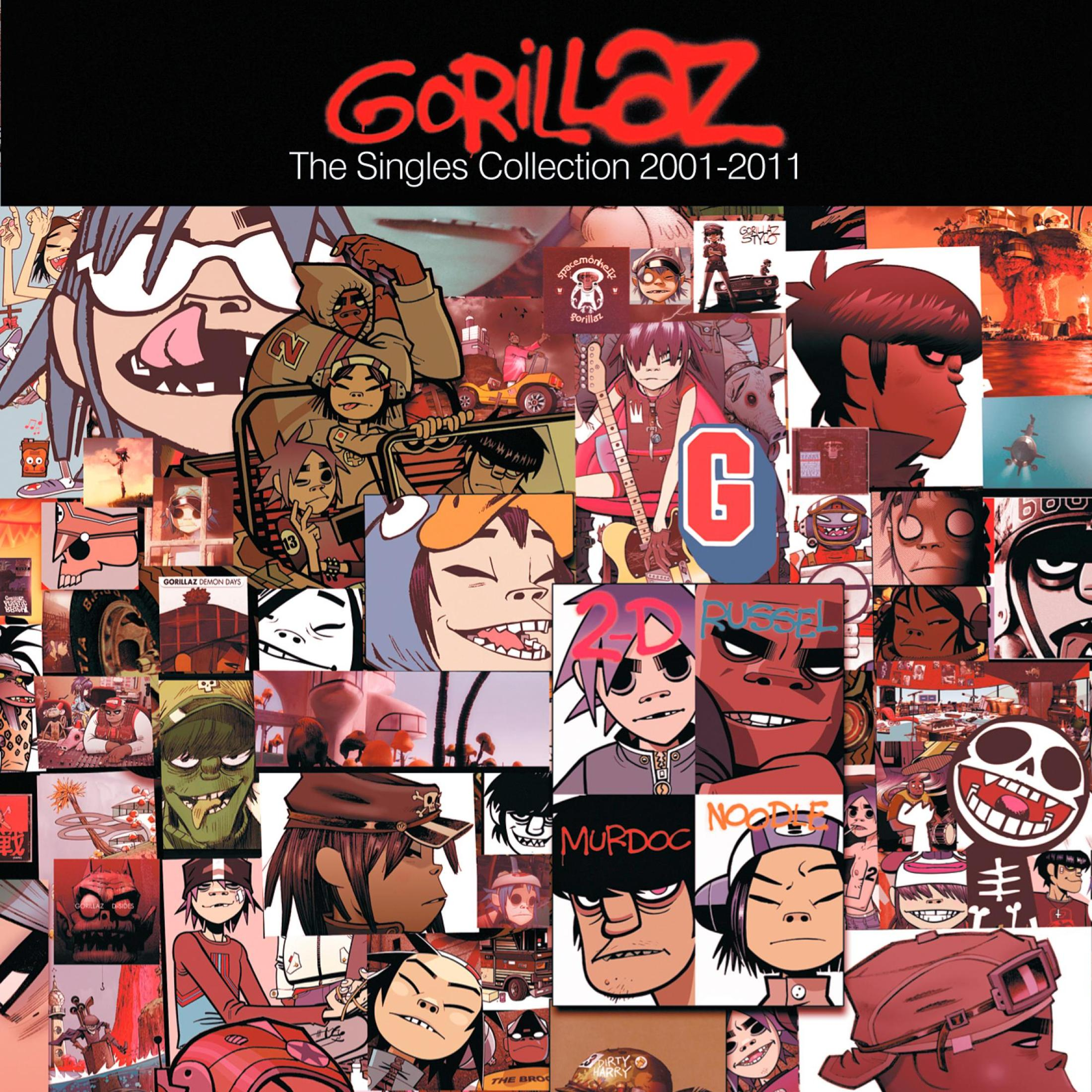 Gorillaz-Albumcover-Collage. Text: The Singles Collection 2001-2011.