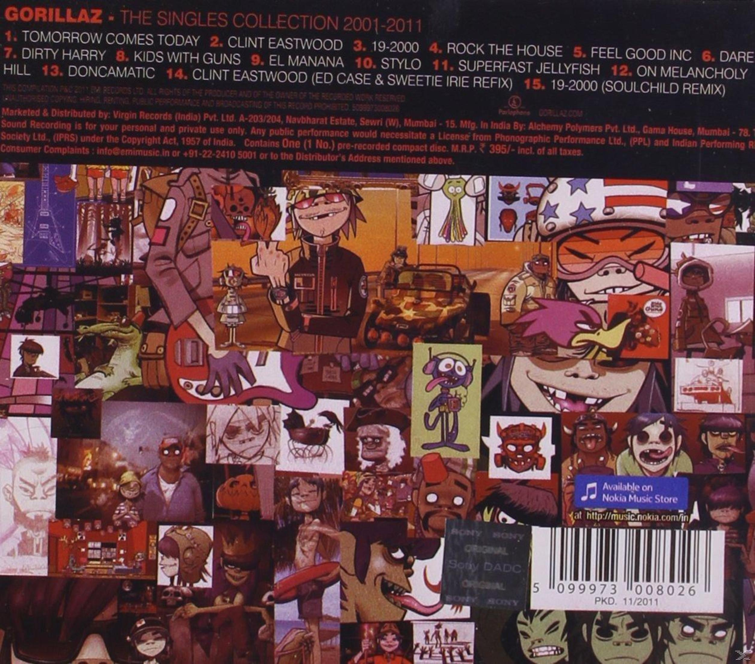 Albumcover. Collage von Cartoonfiguren. Text: Gorillaz The Singles Collection 2001-2011.
