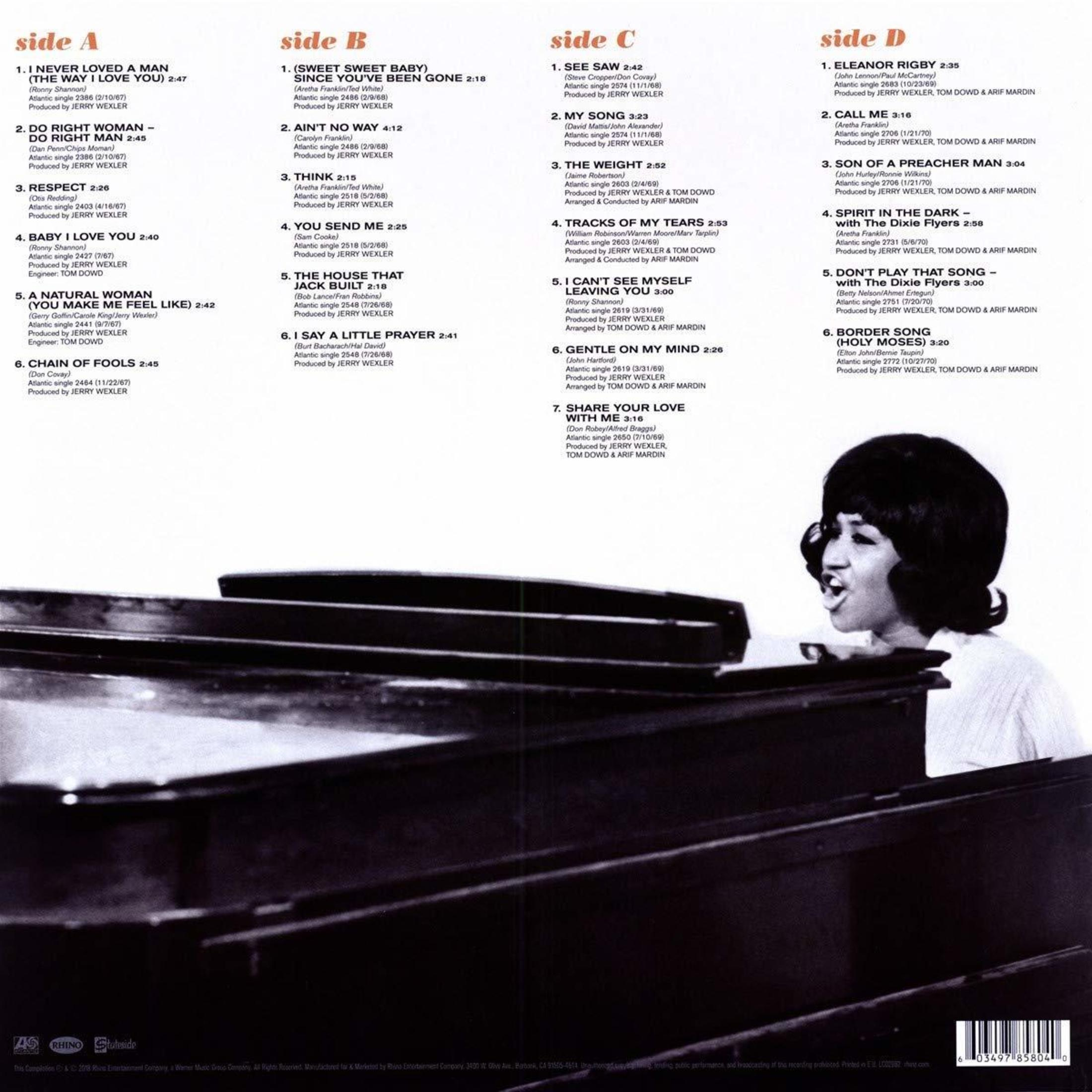Copertina dell'album. Vista laterale di una donna che canta al pianoforte. Titolo: Aretha Franklin, I Never Loved a Man.
