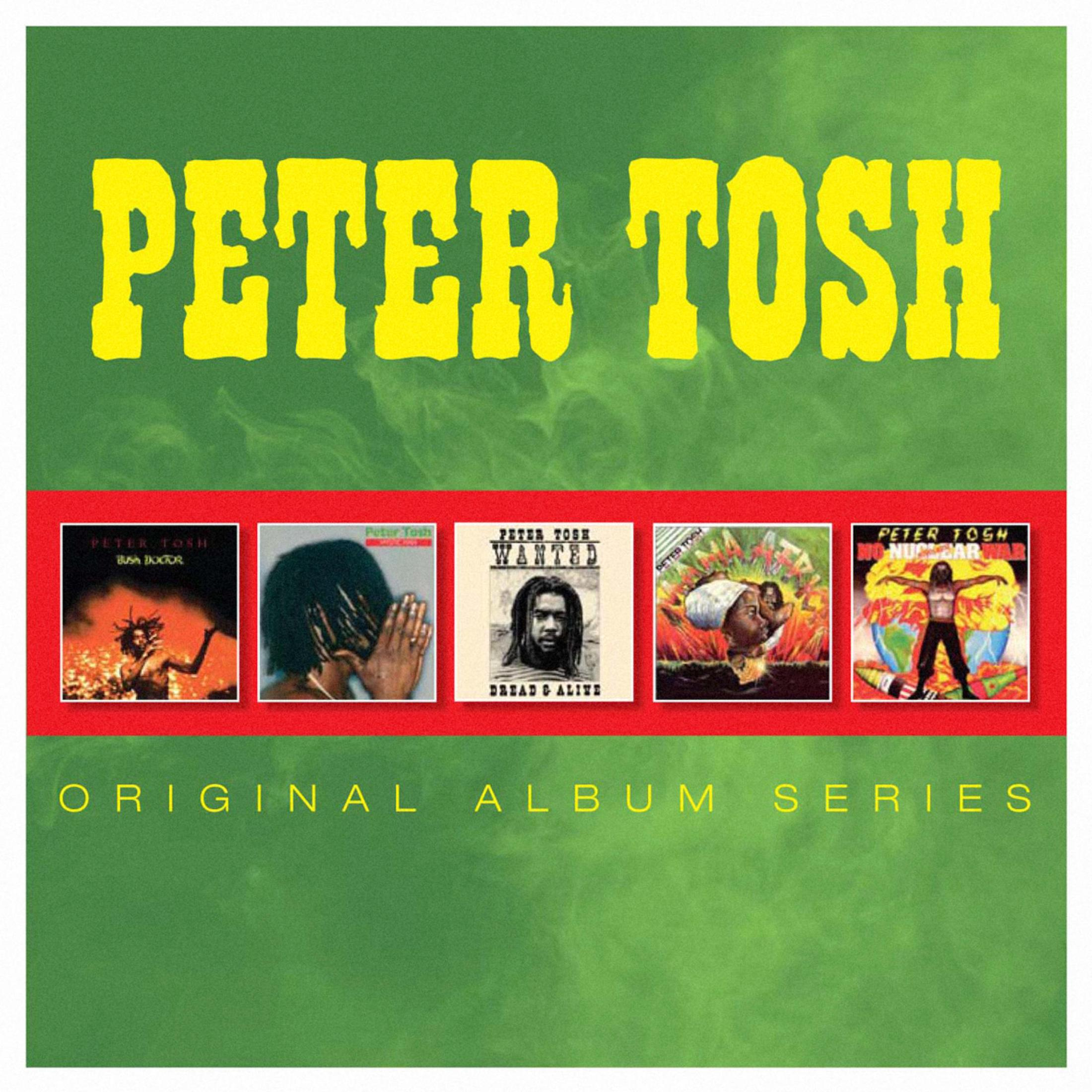 Copertina dell'album di Peter Tosh, con copertine di album all'interno di uno sfondo verde. Testo giallo in alto.