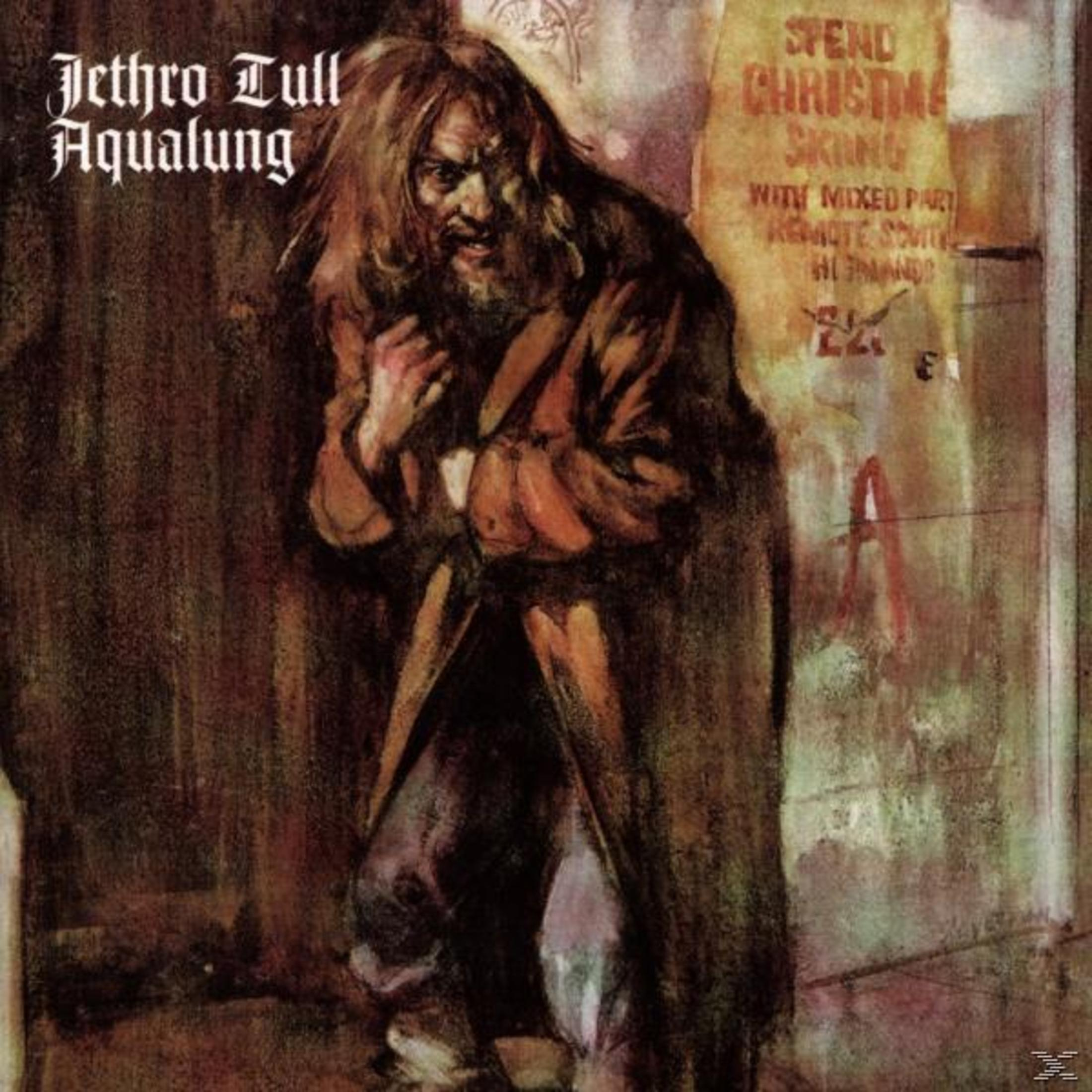 Copertina dell'album 'Aqualung' di Jethro Tull, con un mendicante in un vicolo buio e sporco.