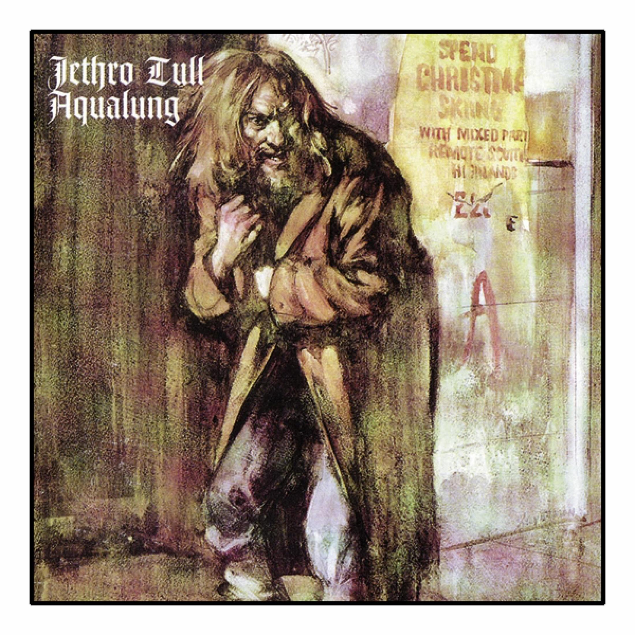 Illustrazione di un uomo con un cappotto. Graffiti sul muro. Titolo dell'album 'Aqualung'.