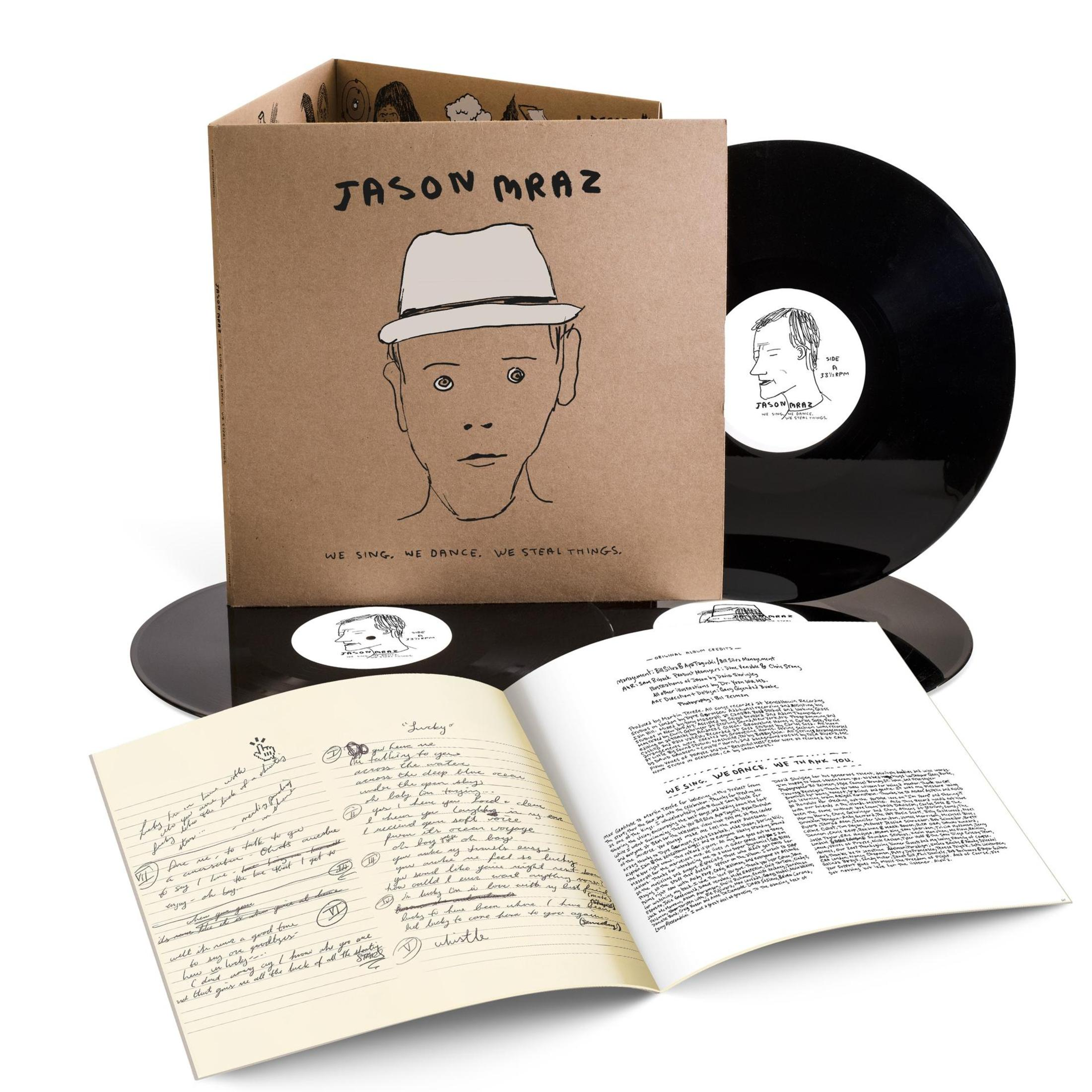 Copertina dell'album di Jason Mraz. Un disegno di un uomo con un cappello sulla copertina. Vengono mostrati dischi in vinile e testi.