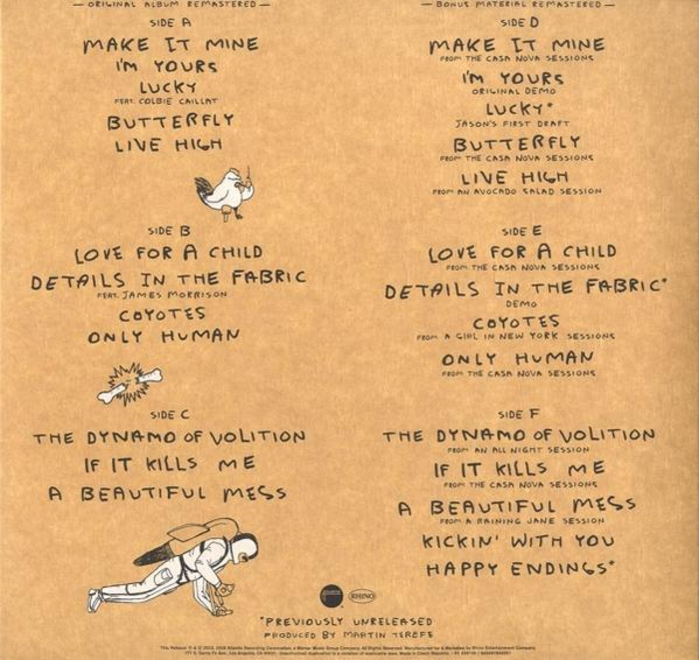 Copertina dell'album con titoli di canzoni scritti a mano e illustrazioni su sfondo crema.