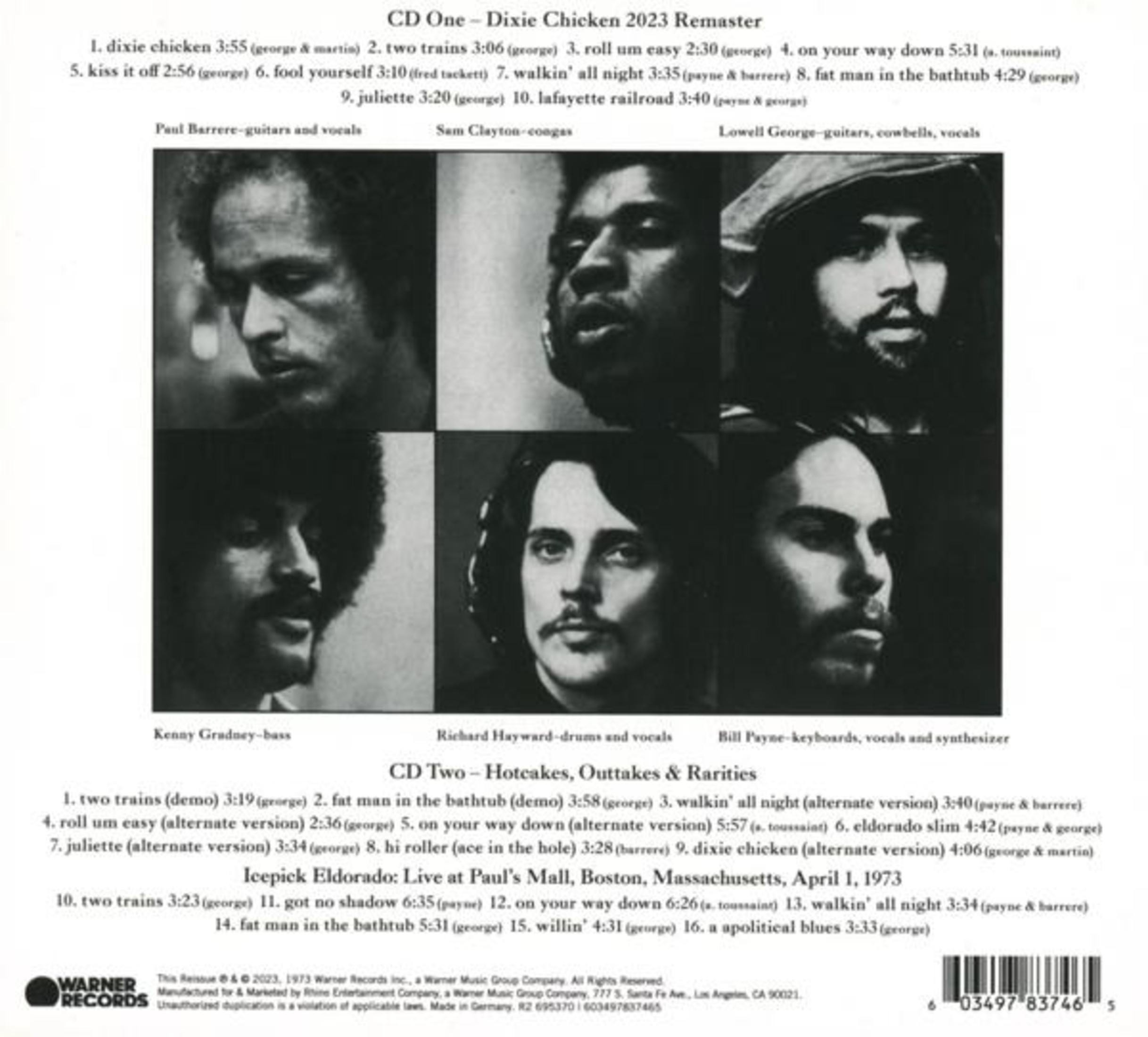 Retro della copertina dell'album con immagini in bianco e nero di uomini. Sono elencati i titoli delle canzoni e i crediti.