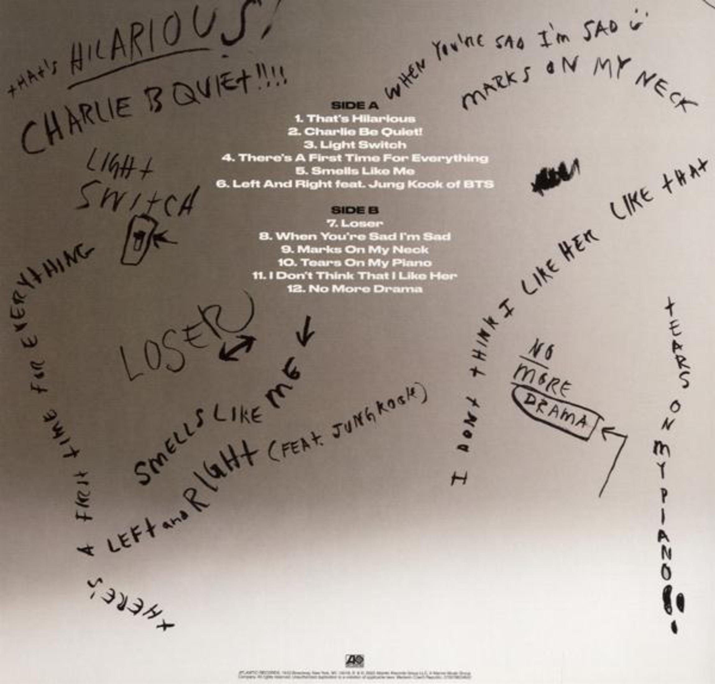 Retro copertina dell'album con titoli delle canzoni e note manoscritte in cerchio.