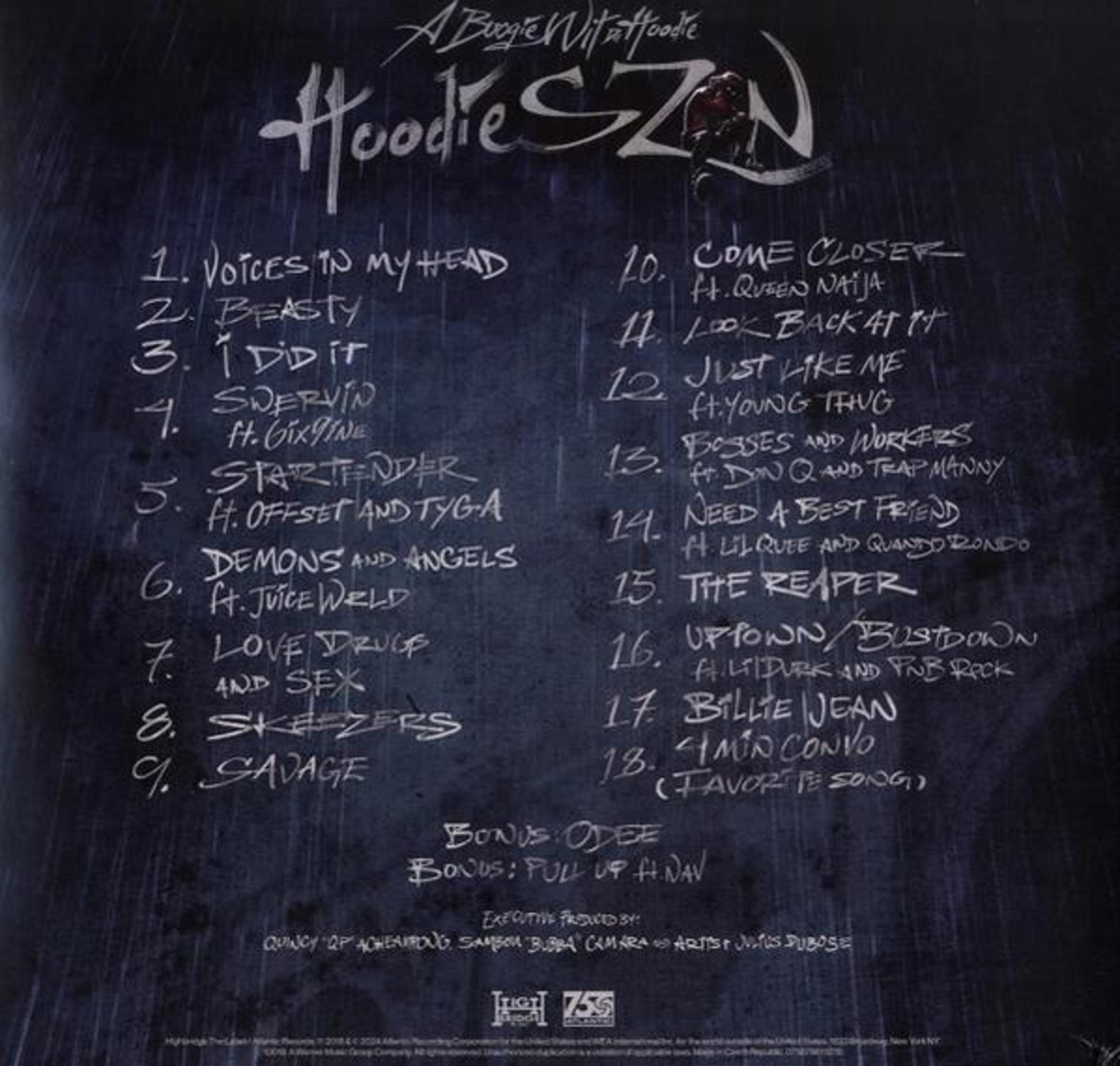 Contraportada del álbum. Lista de canciones. Texto: Hoodie SZN. Logotipos y créditos. Fondo negro.