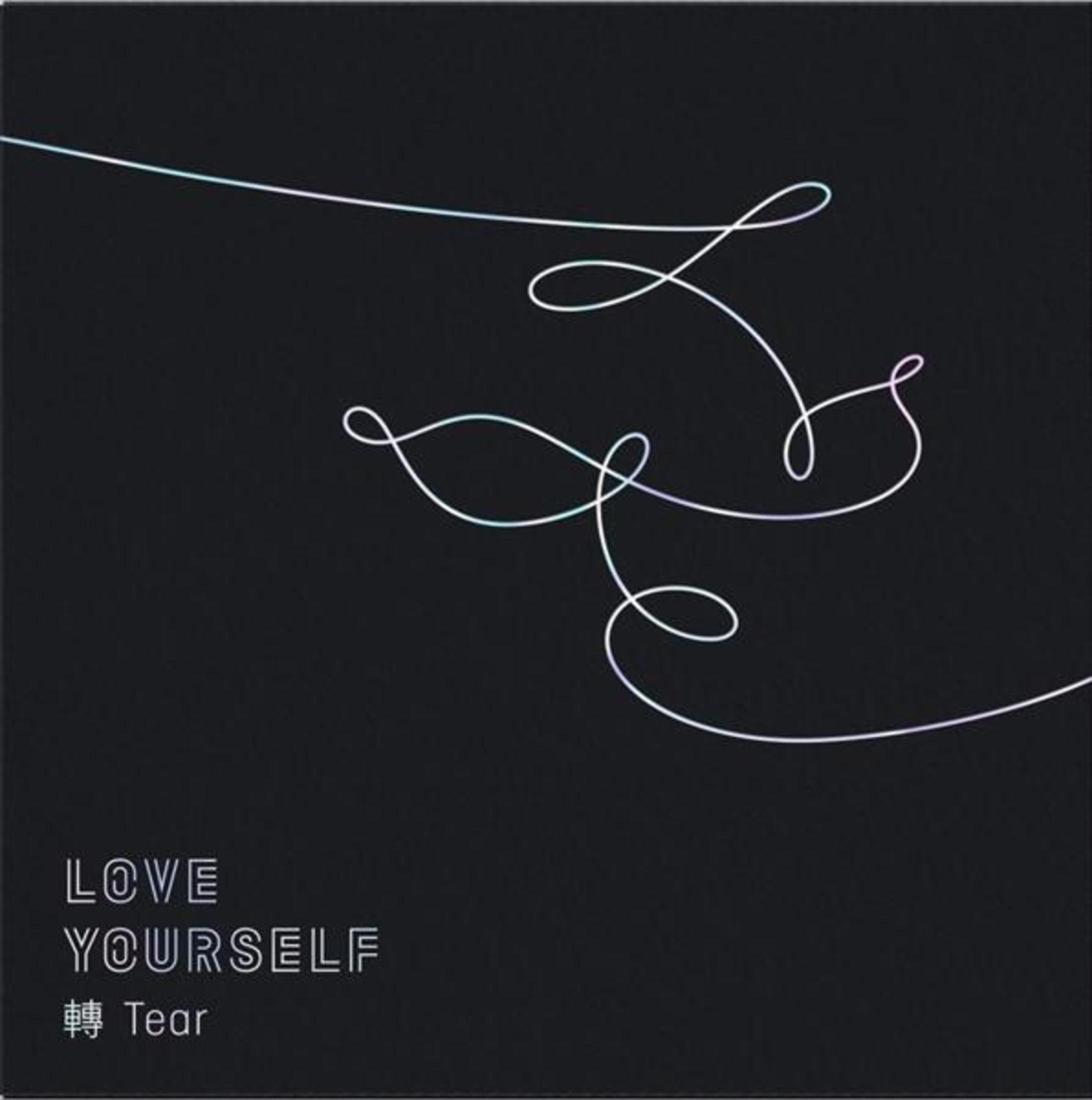 Black album cover. White lines form abstract art with the words LOVE YOURSELF and Tear.