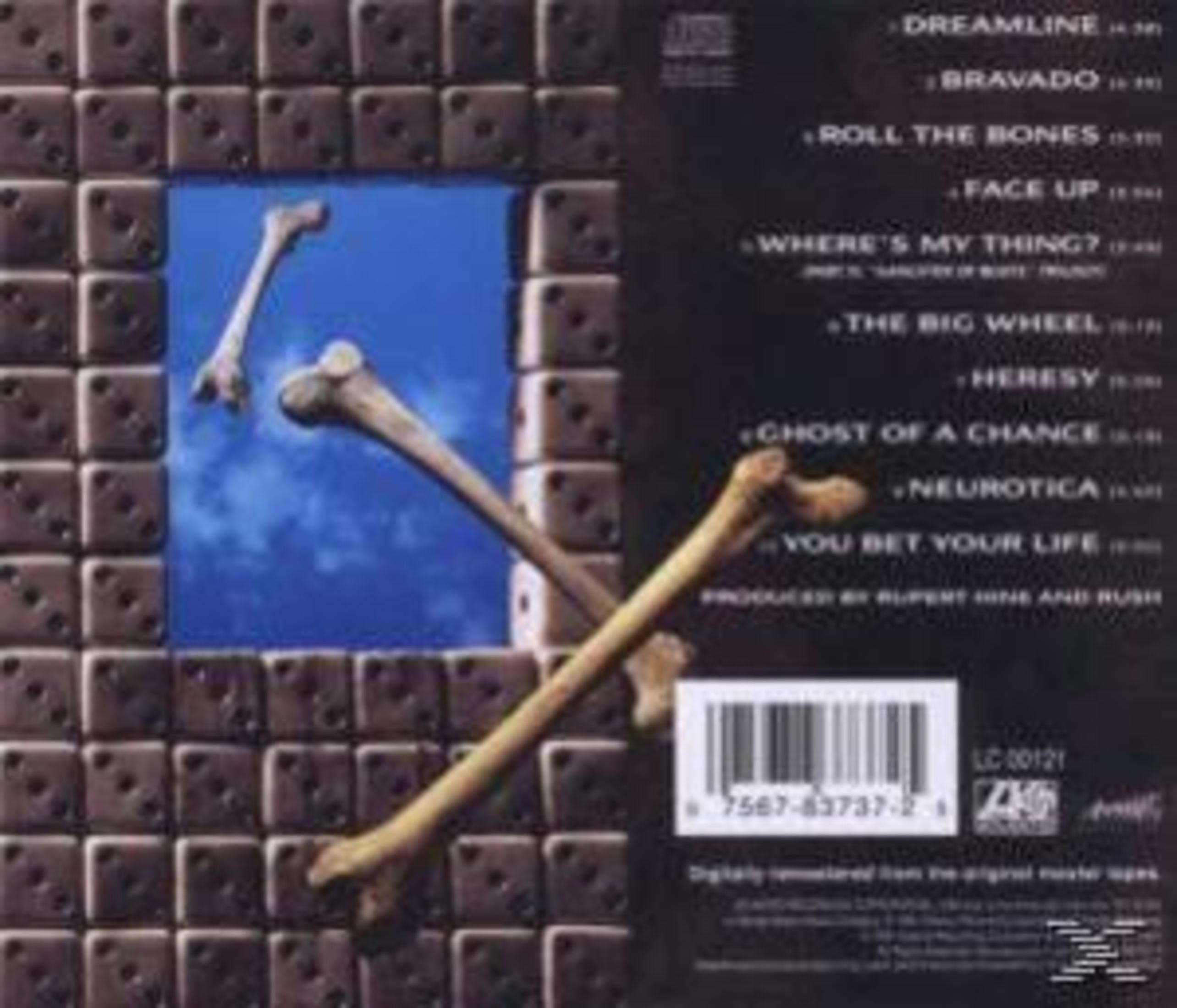 Retro della copertina dell'album con uno sfondo blu con ossa e dadi. Sono elencati i titoli delle canzoni.