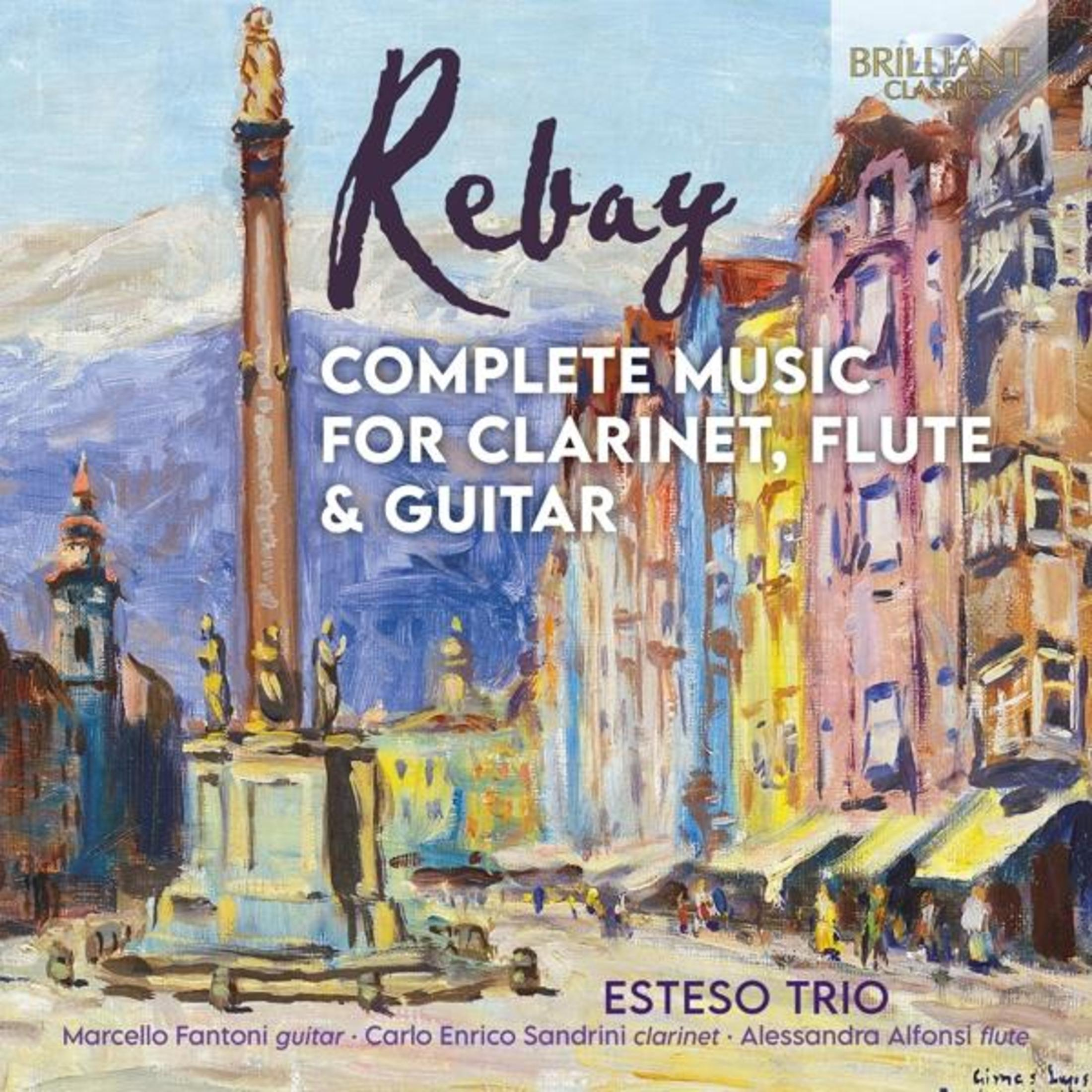 Schilderij van een stad met tekst. Albumhoes voor 'Rebay, Complete Music...'. Gebouwen.