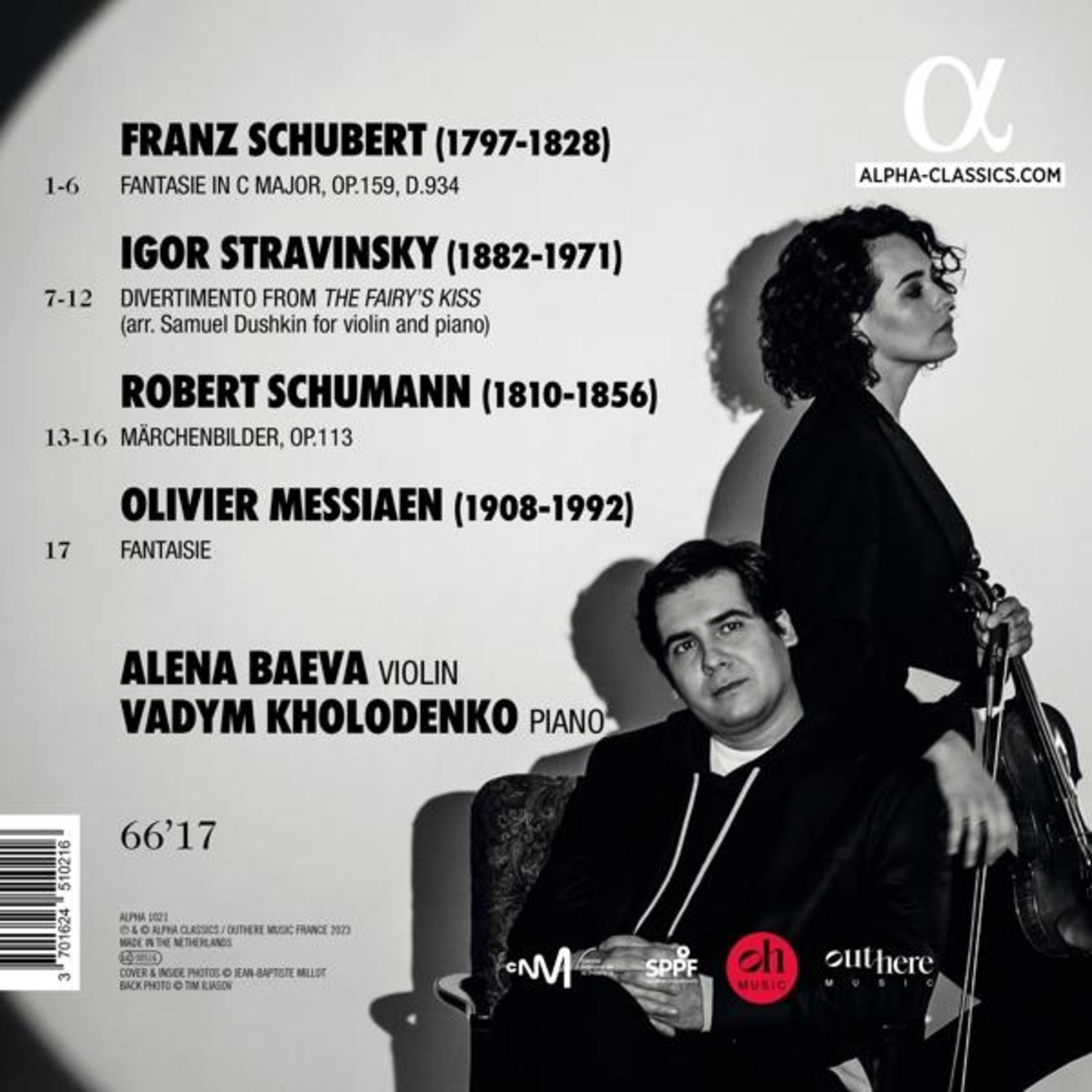 Copertina dell'album: Due persone con un violino e un pianoforte. Elenco dei brani sullo sfondo. Logo Alpha-Classics nell'angolo.