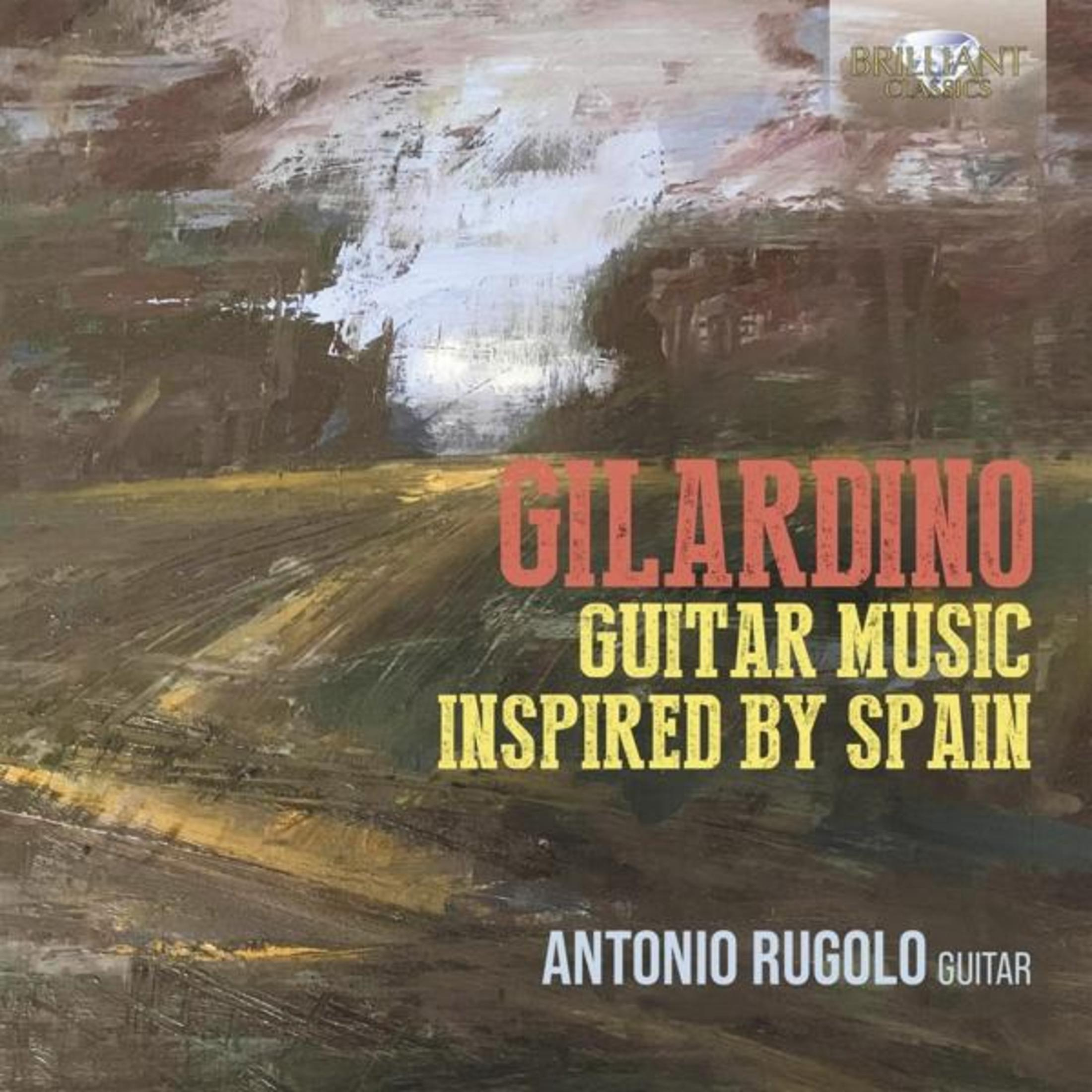 Boekomslag met de titel: Gilardino Guitar Music Inspired by Spain. Schilderij achtergrond.