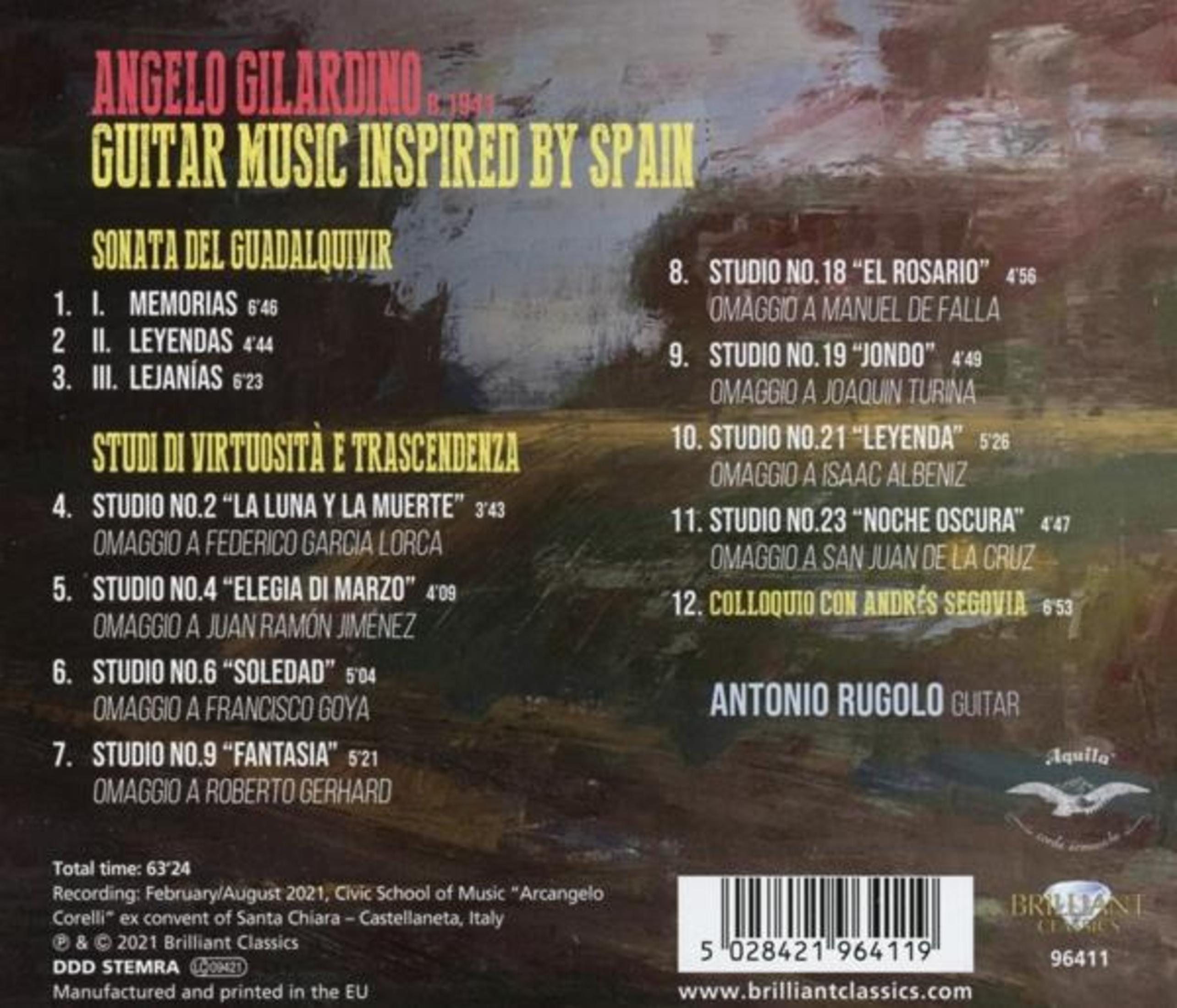 Achterkant van een cd-hoesje met tracklijsten en details van een gitaarmuziekalbum.