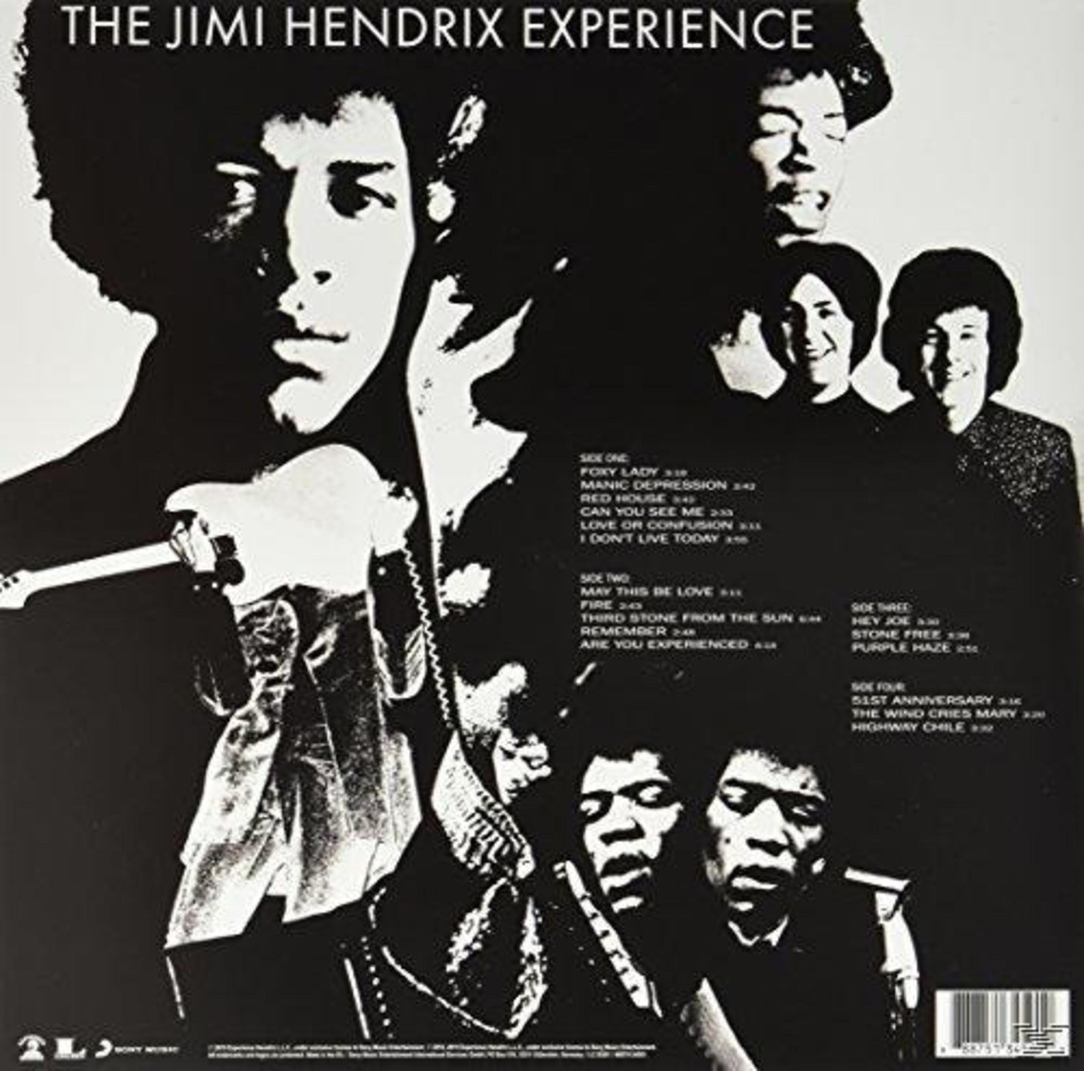 Okładka albumu, czarno-biała, zdjęcie grupowe The Jimi Hendrix Experience, lista utworów na odwrocie.