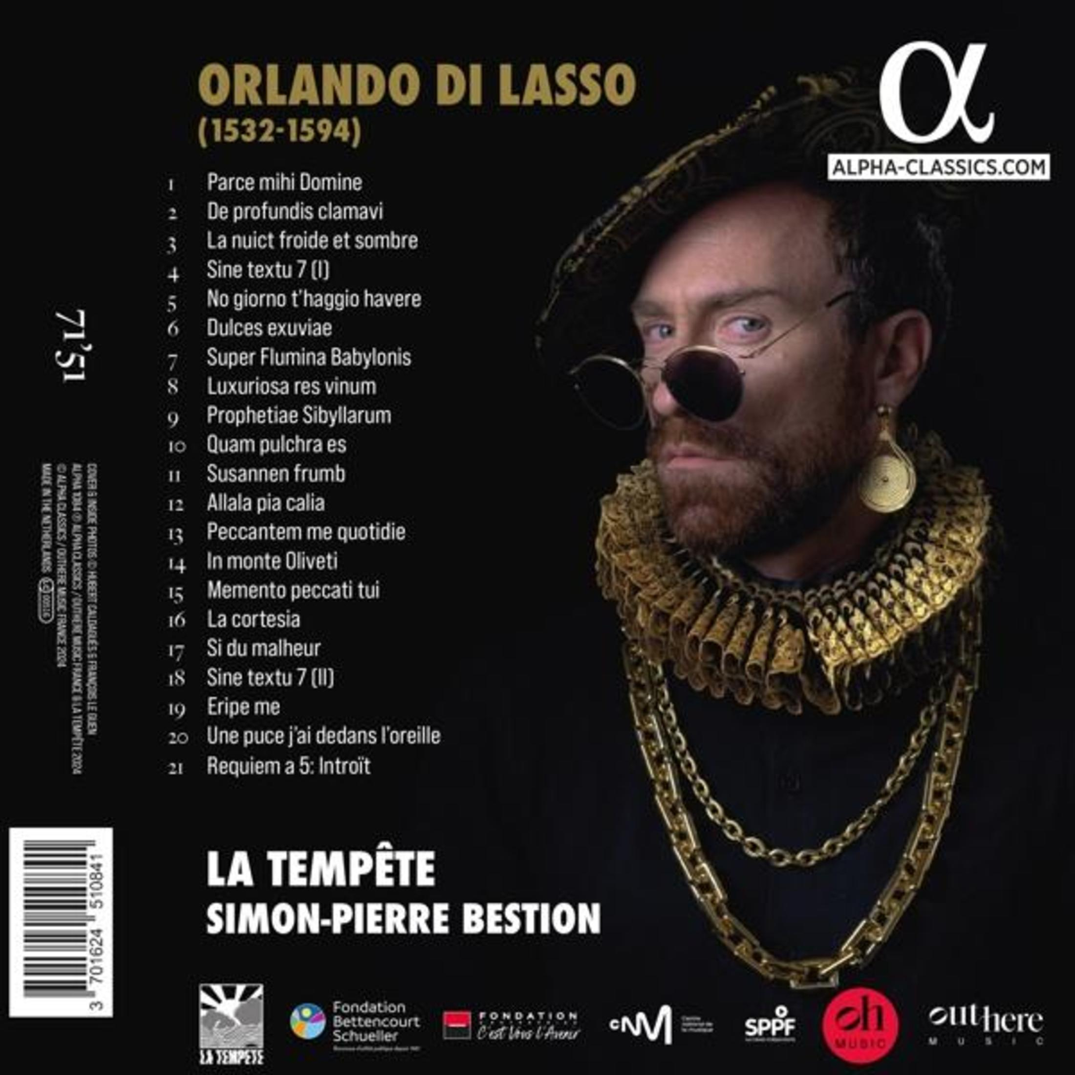 Portada del álbum con un hombre con sombrero, gafas y collar adornado. Texto incluye 'Orlando di Lasso'.