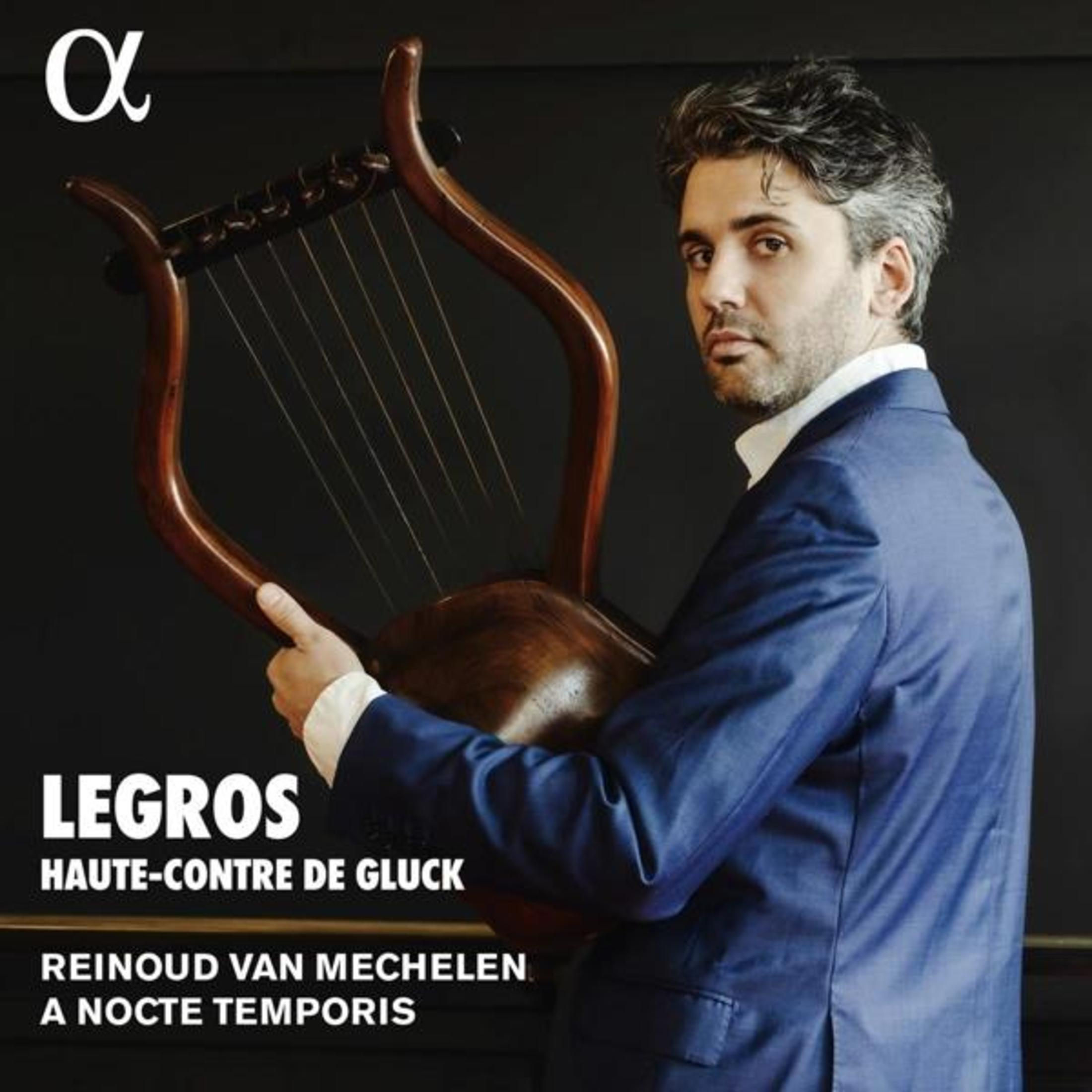 Copertina dell'album con un uomo che tiene un'arpa. Testo: Legros, Haute-Contre de Gluck e info artista.