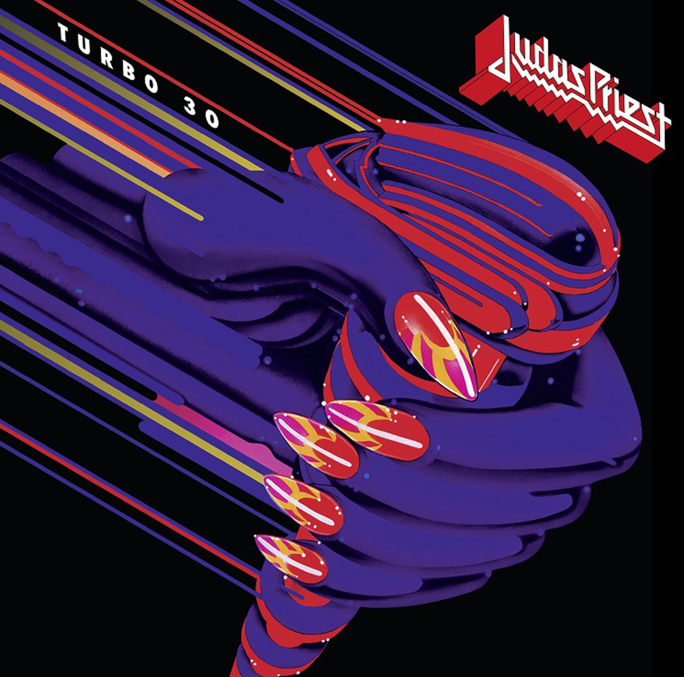 Mano in movimento vorticoso con unghie rosse. Testo: Turbo 30 Judas Priest.