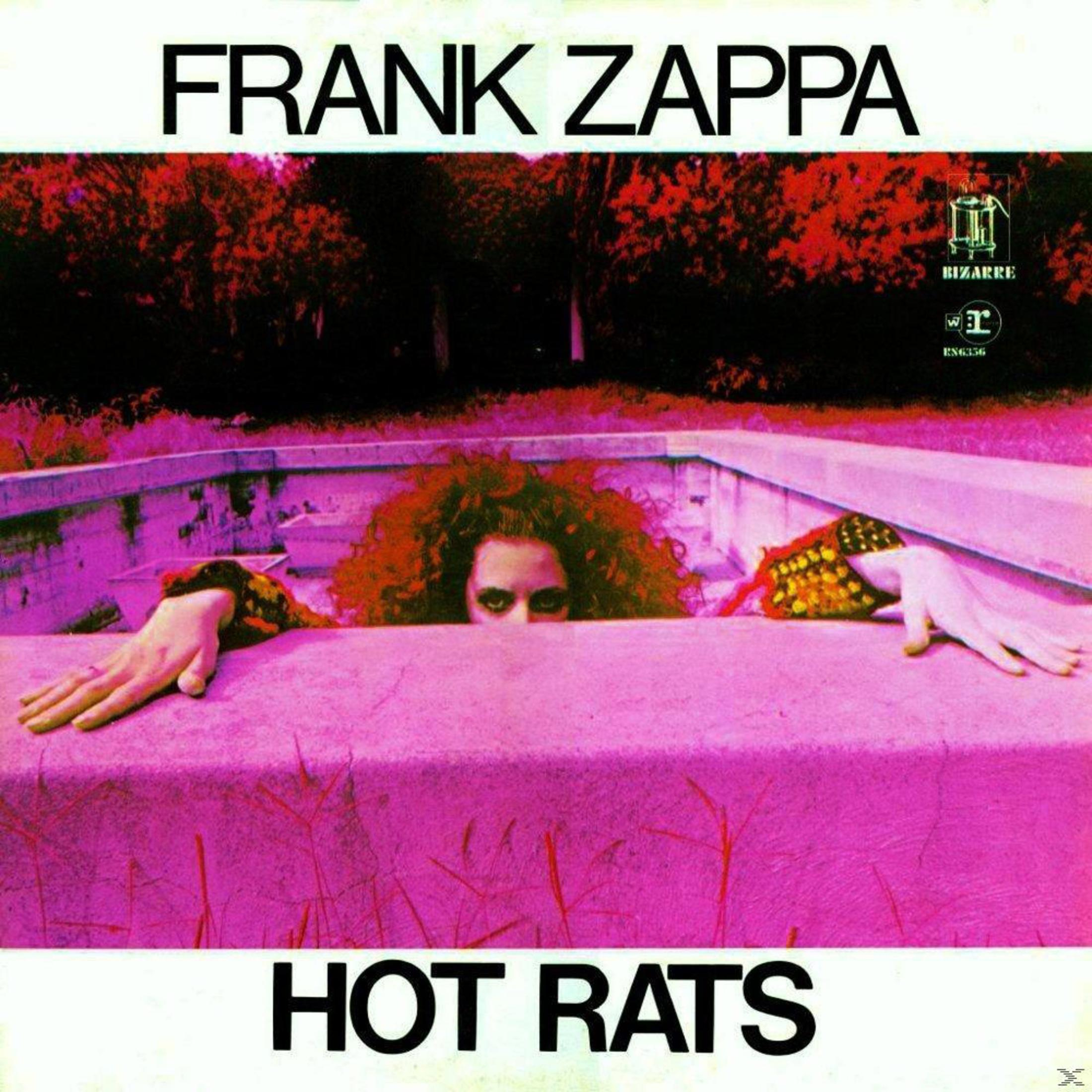 Copertina dell'album: Frank Zappa, titolo Hot Rats, persona in acqua rosa, sfondo albero rosso.