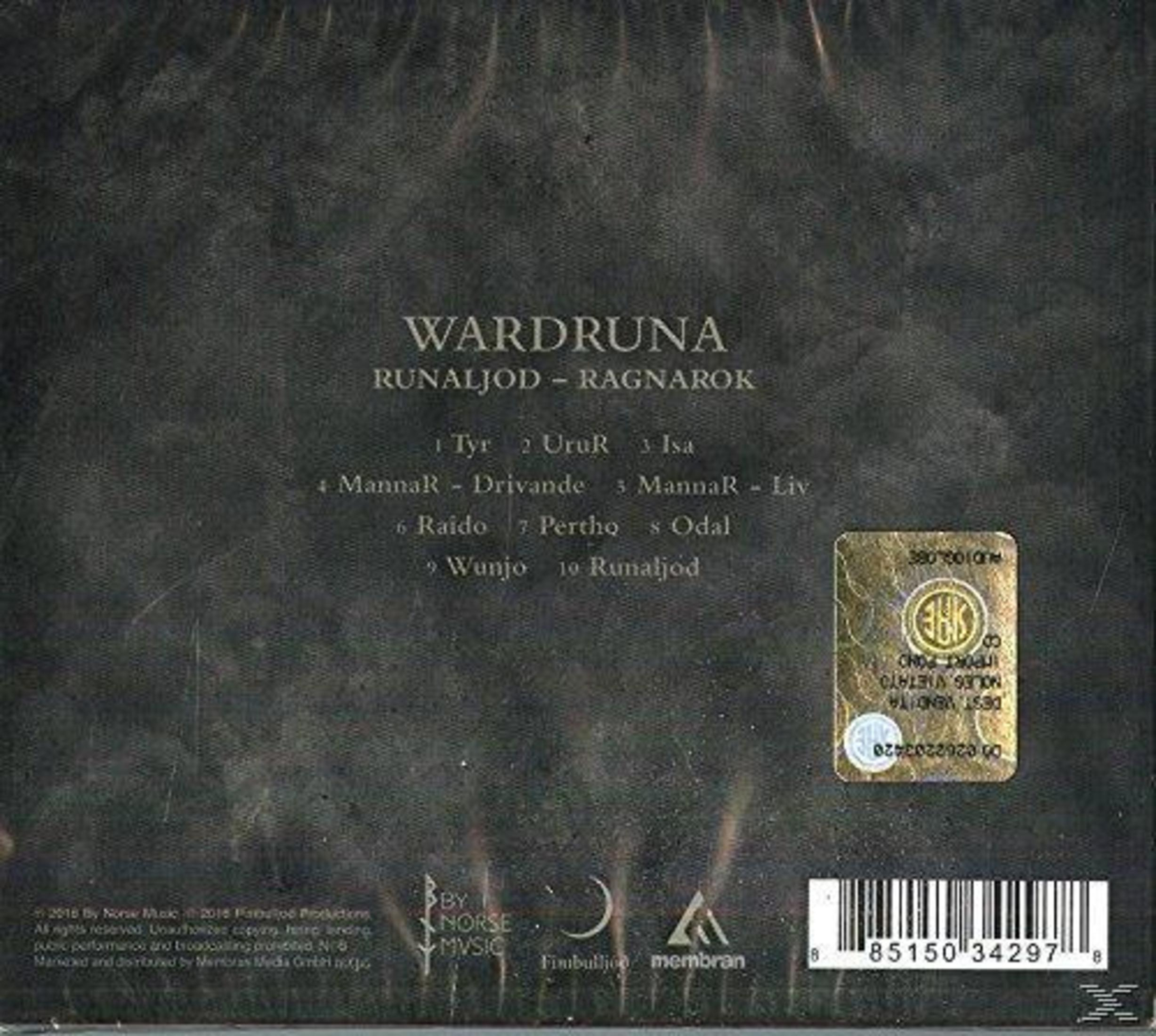 Retro copertina dell'album. Testo con tracce di Wardruna. Adesivo dorato e codice a barre a destra.