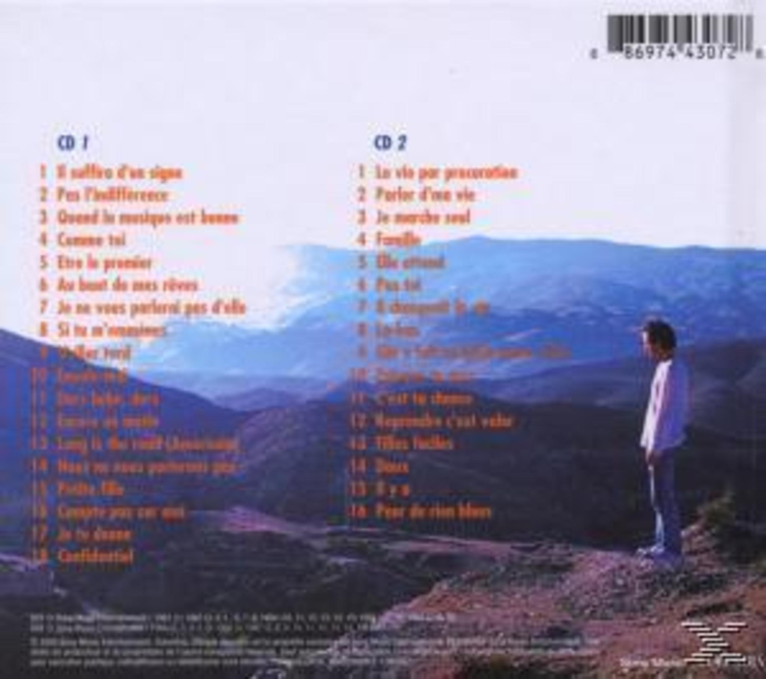 Albumcover. Mann steht auf einem Bergrücken und blickt auf eine Landschaft mit Text.