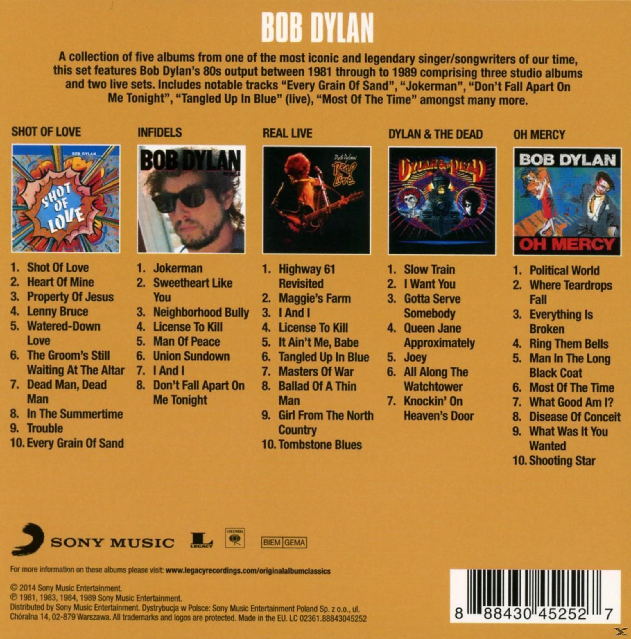 Kompilacja albumów Boba Dylana z różnymi okładkami, listą utworów i logo Sony Music.