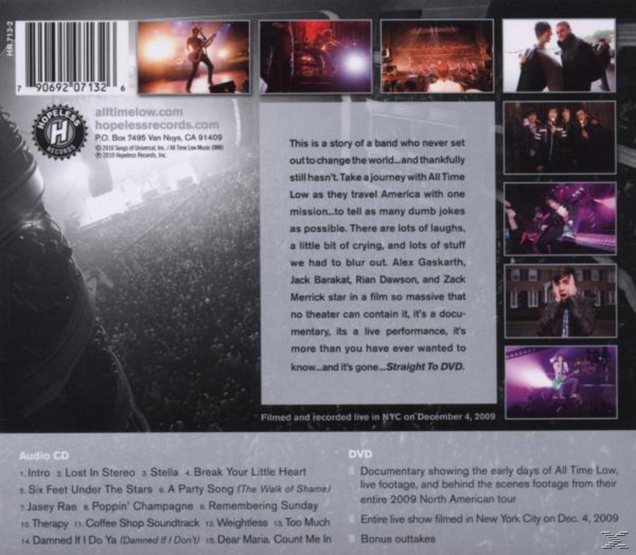 Achterkant van de cd-hoes met afbeeldingen en tekst. Tekst: All Time Low, Straight to DVD.