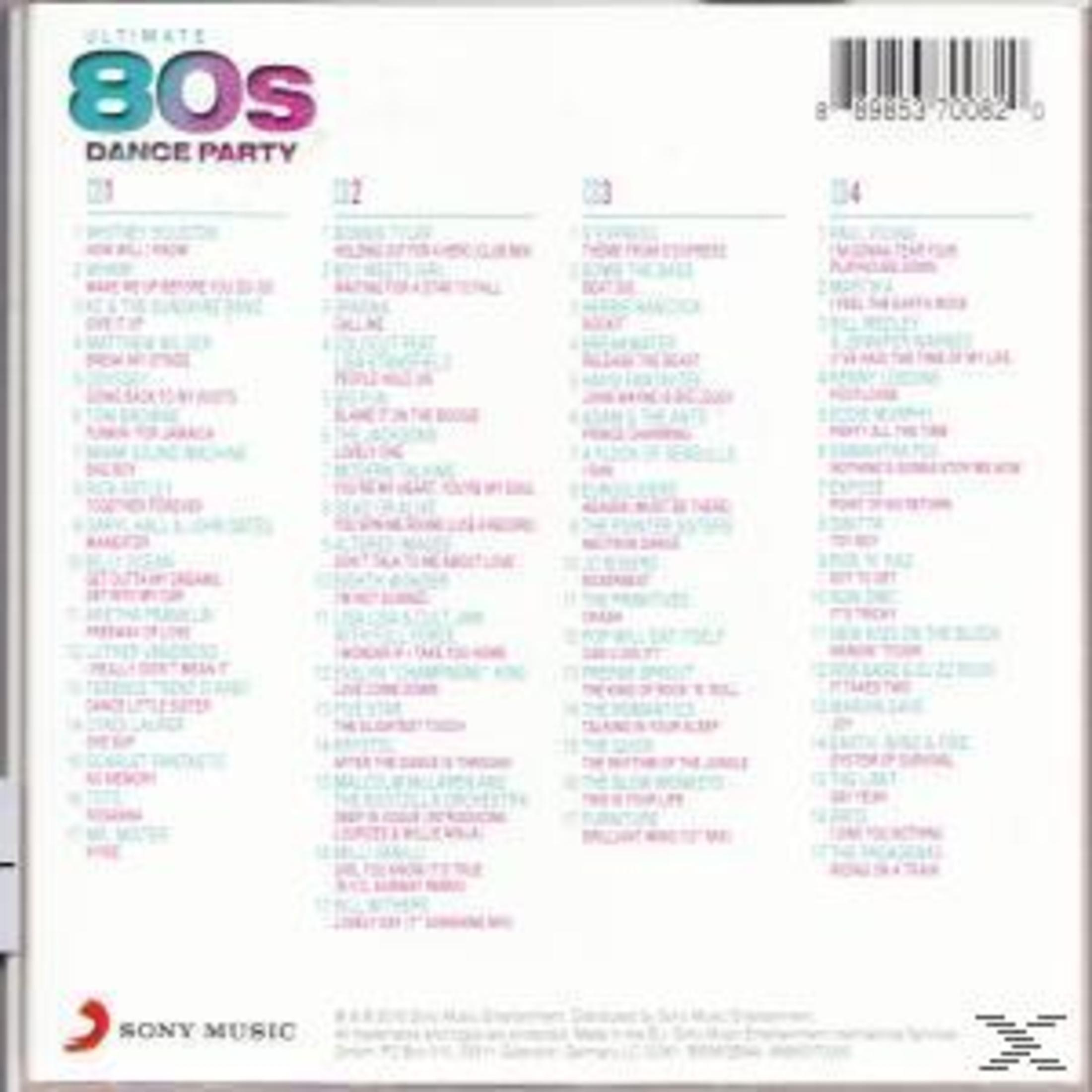 Albumcover. Songliste in Spalten, Text 'ULTIMATE 80S DANCE PARTY', 'SONY MUSIC'-Logo.