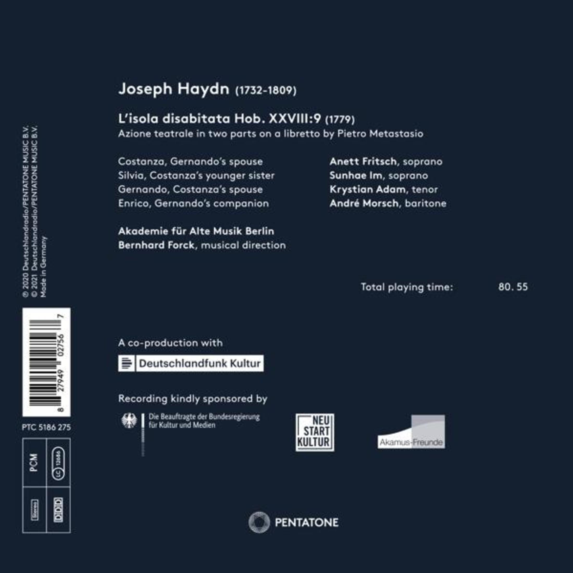 Dettagli dell'album: Joseph Haydn. Dettagli del testo sul cast e sul tempo di esecuzione. Sfondo bianco.