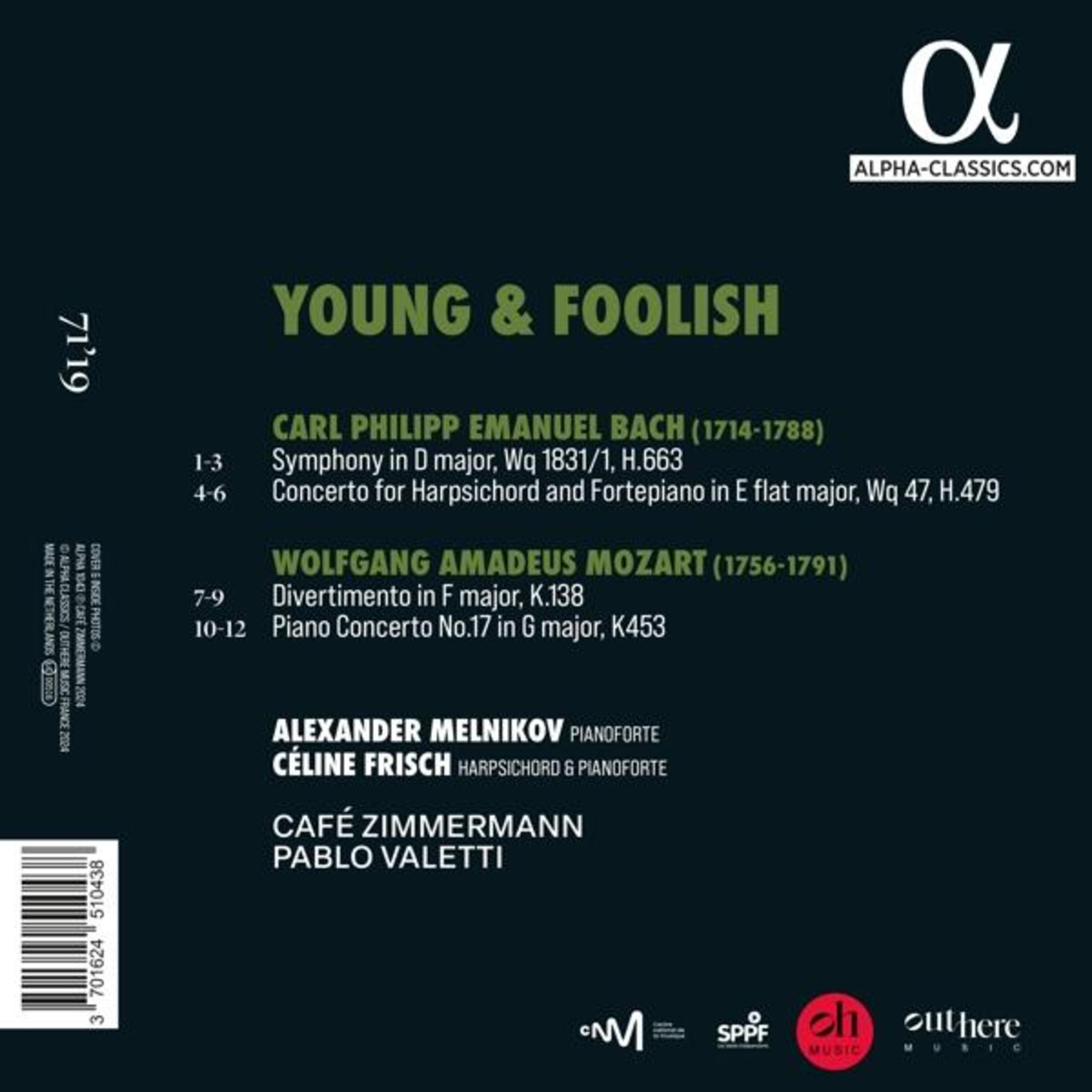 Portada del álbum con texto que enumera piezas de Carl Philipp Emanuel Bach y Wolfgang Amadeus Mozart.