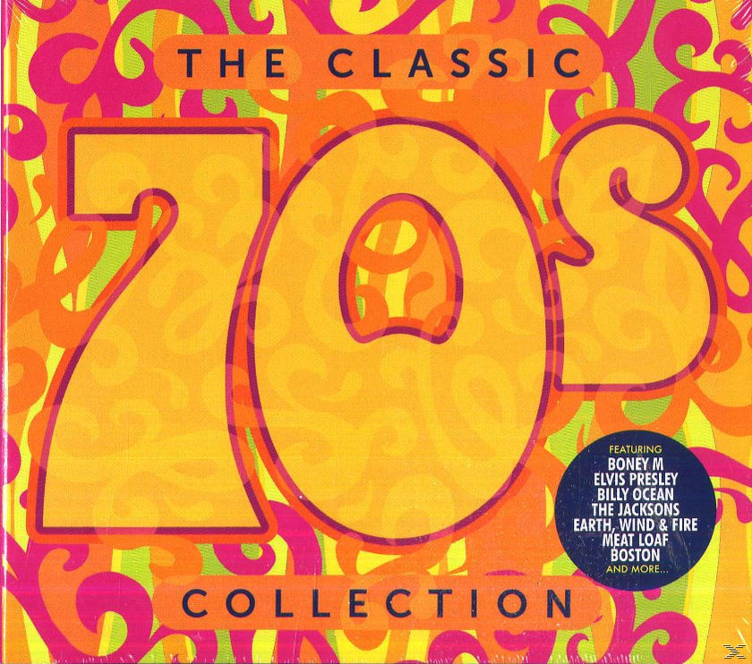 Okładka albumu: "The Classic 70s Collection". Pogrubiony żółty i pomarańczowy design z artystami muzycznymi.