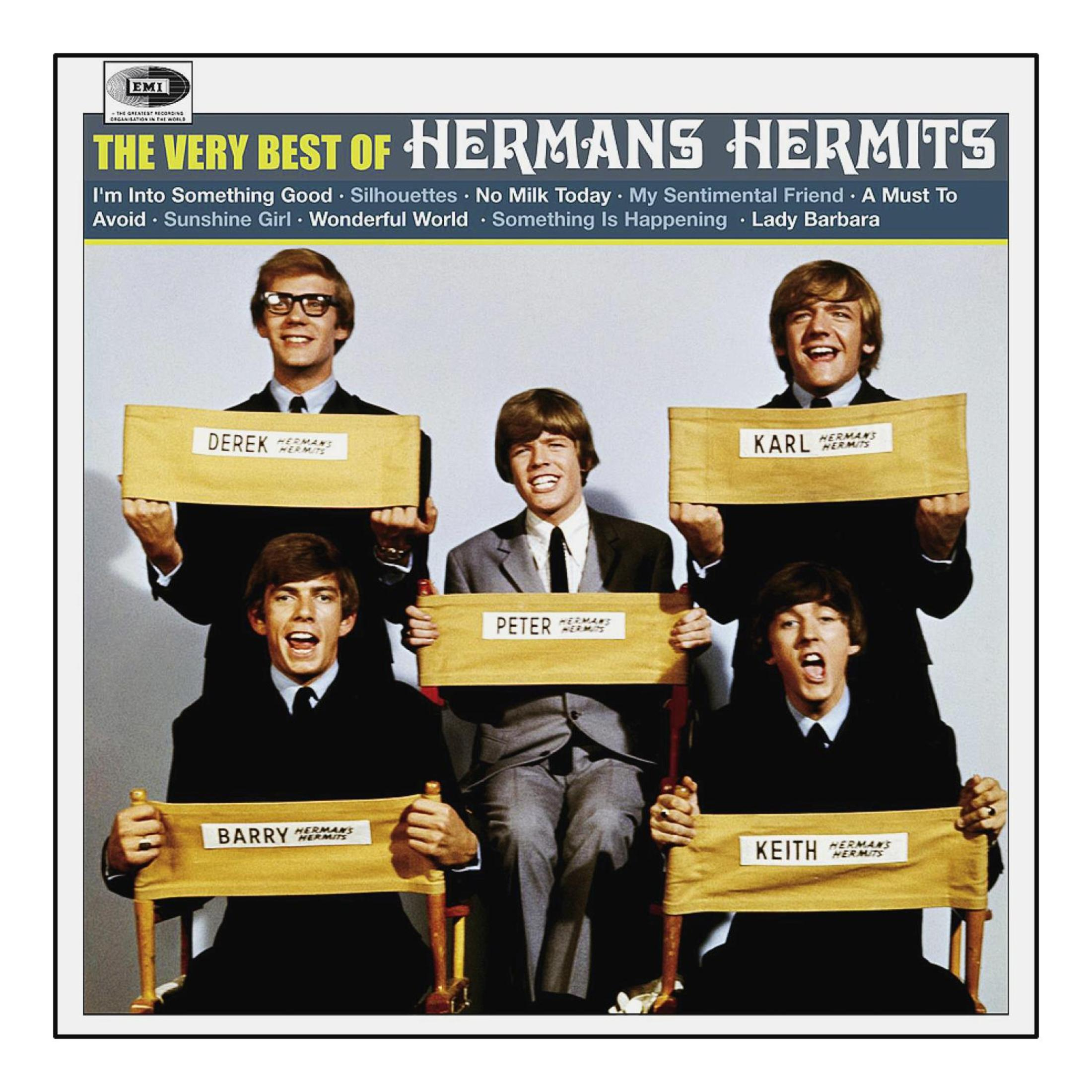 Albumhoes met een band die borden vasthoudt. De band is gekleed in pakken.