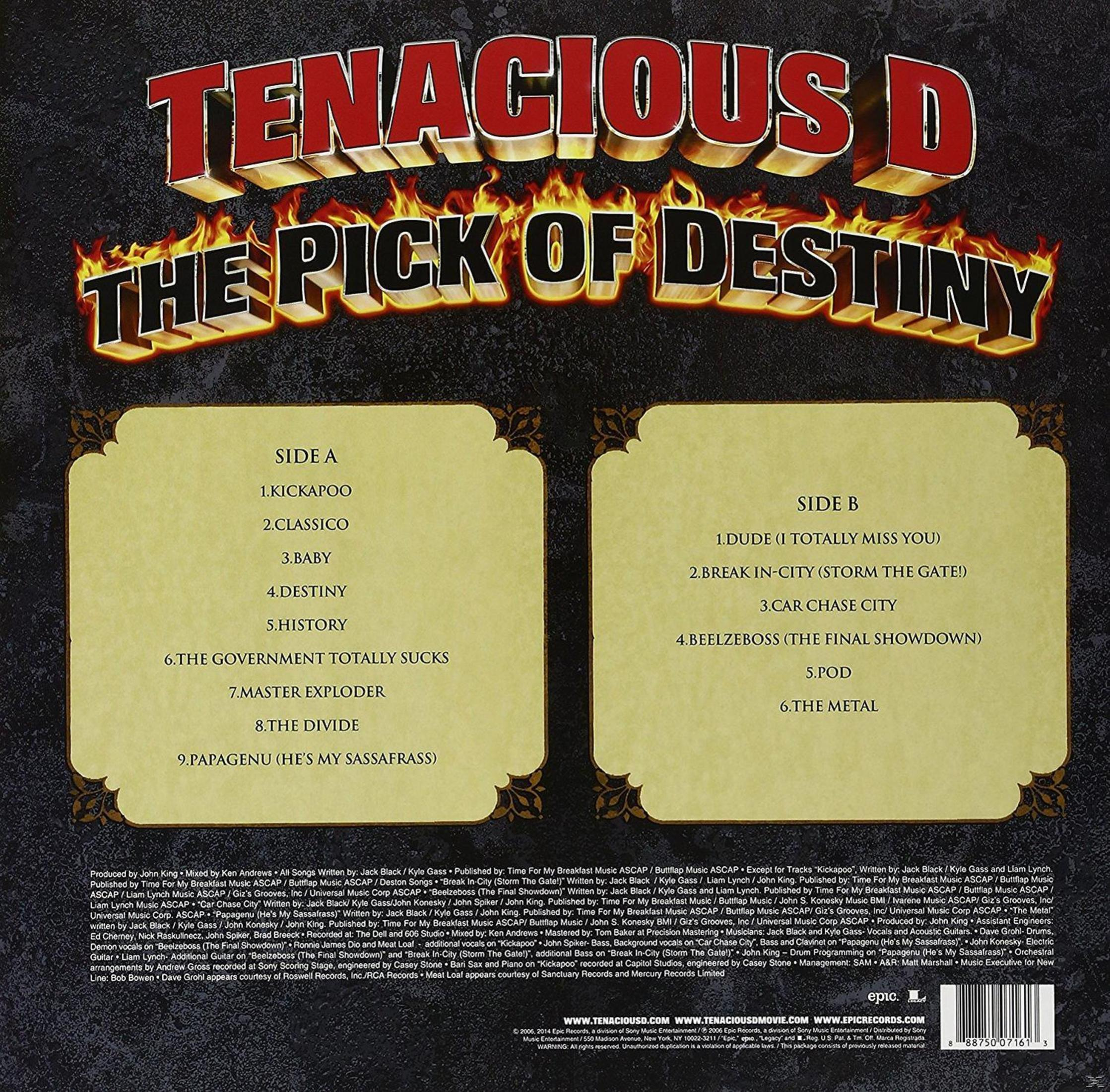 Albumhoes. Tekst: 'TENACIOUS D', 'THE PICK OF DESTINY'. Songlijst en credits zijn ook aanwezig.