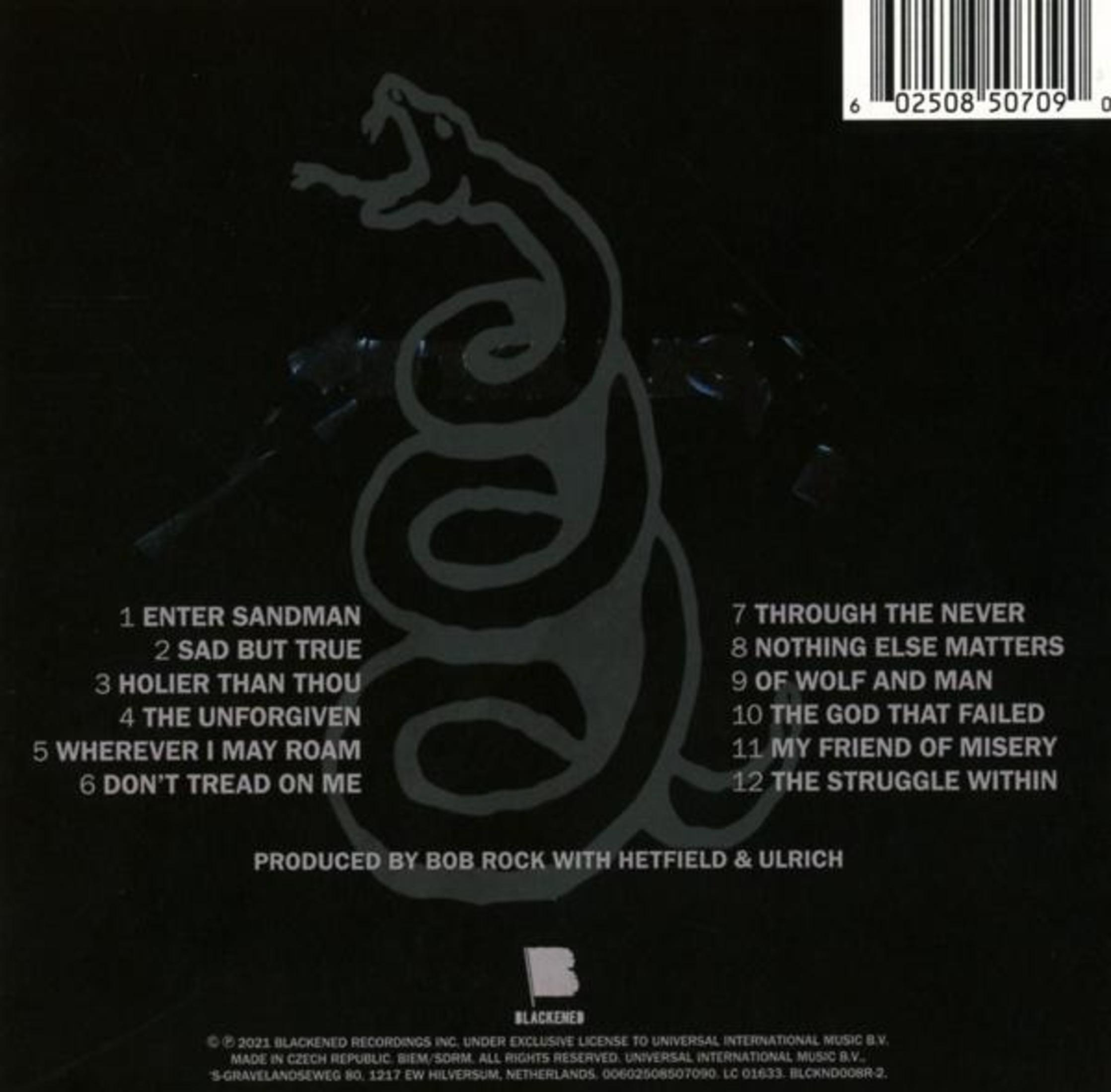 Schwarzes Albumcover mit einer Schlange und Songtiteln. Text in Weiß.