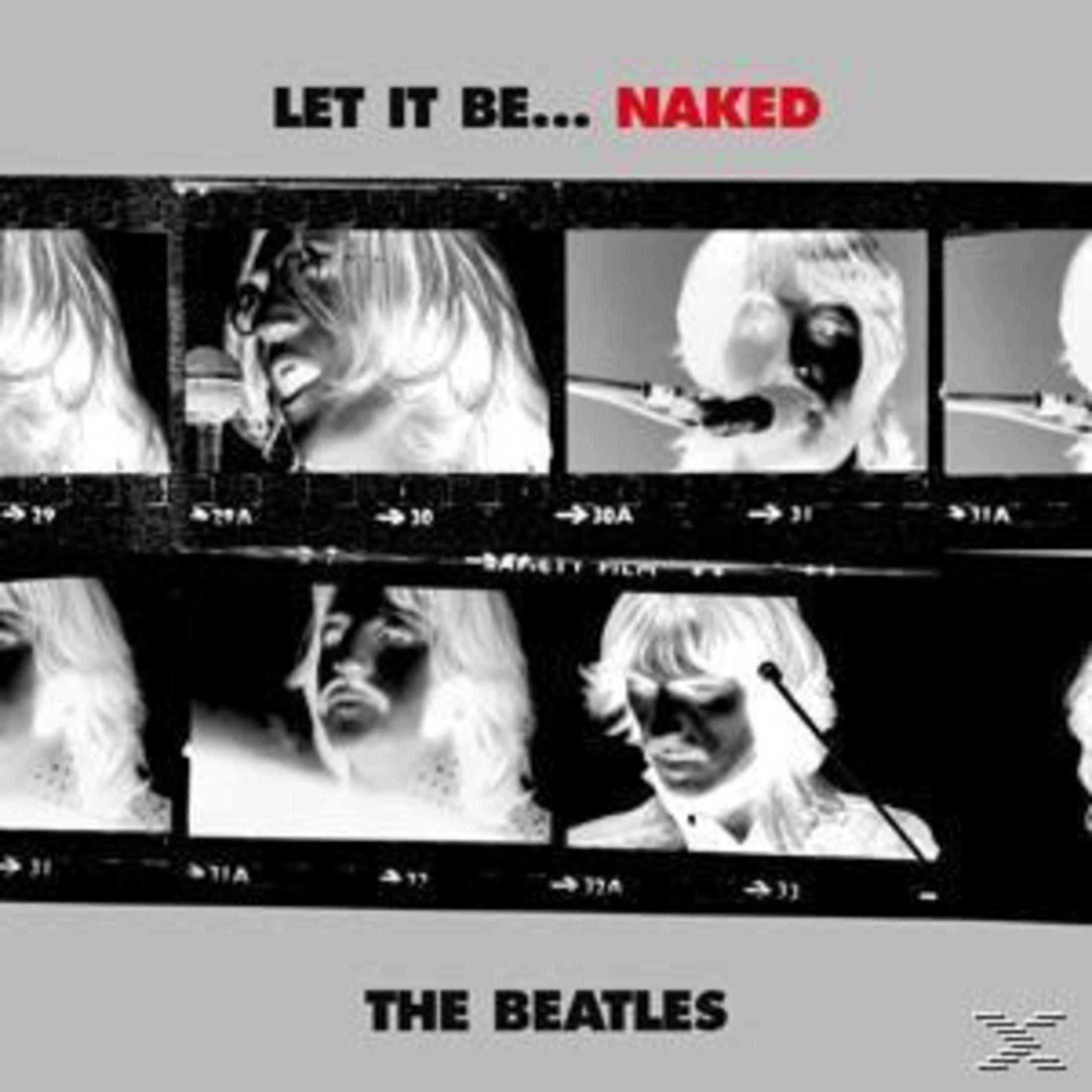 Copertina dell'album: foto in bianco e nero dei Beatles, intitolata 'Let It Be... Naked', in un layout a striscia di film.