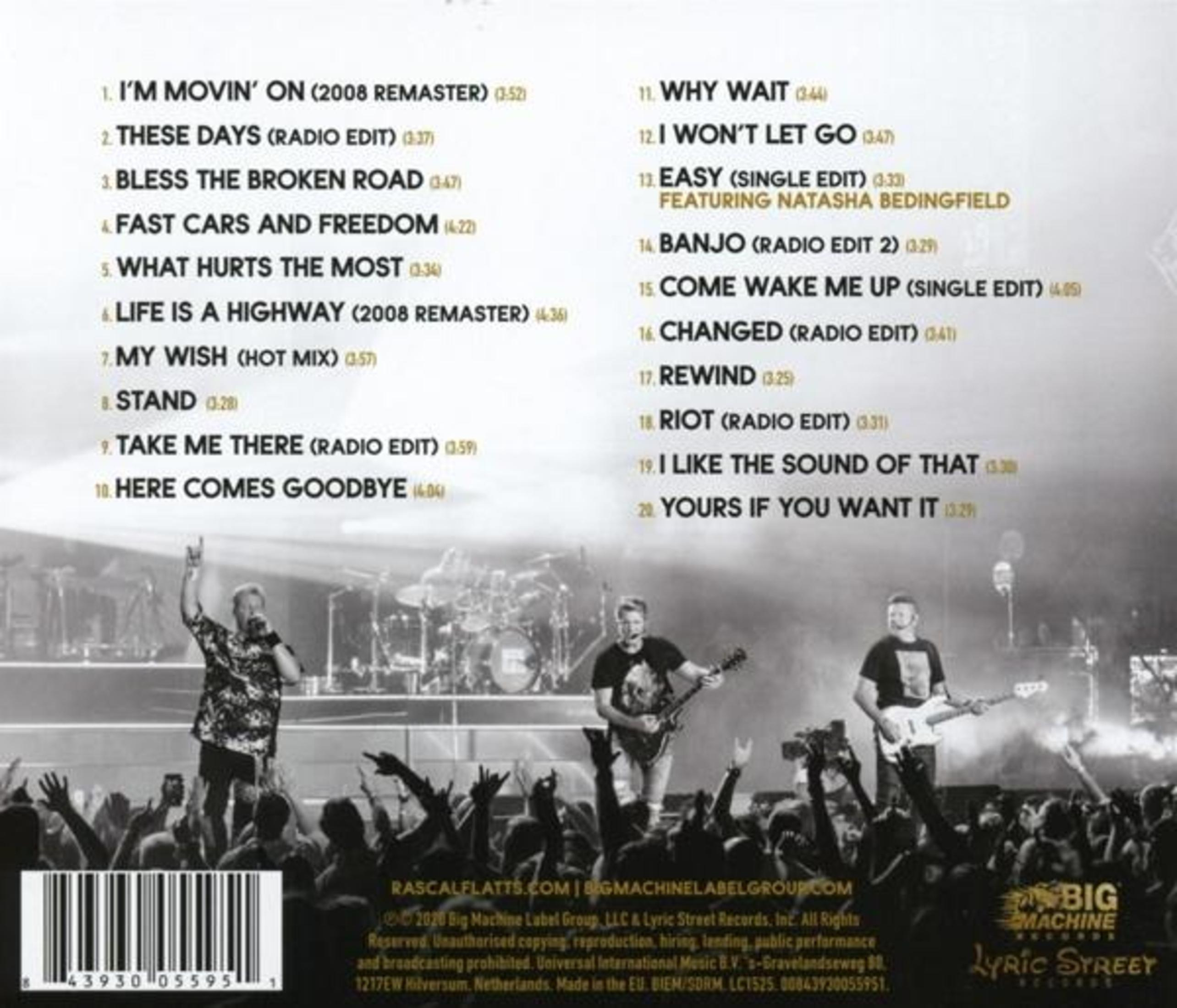 Tracklist dell'album. Elenco delle canzoni su un CD. Lo sfondo è un palco di un concerto dal vivo con una band.