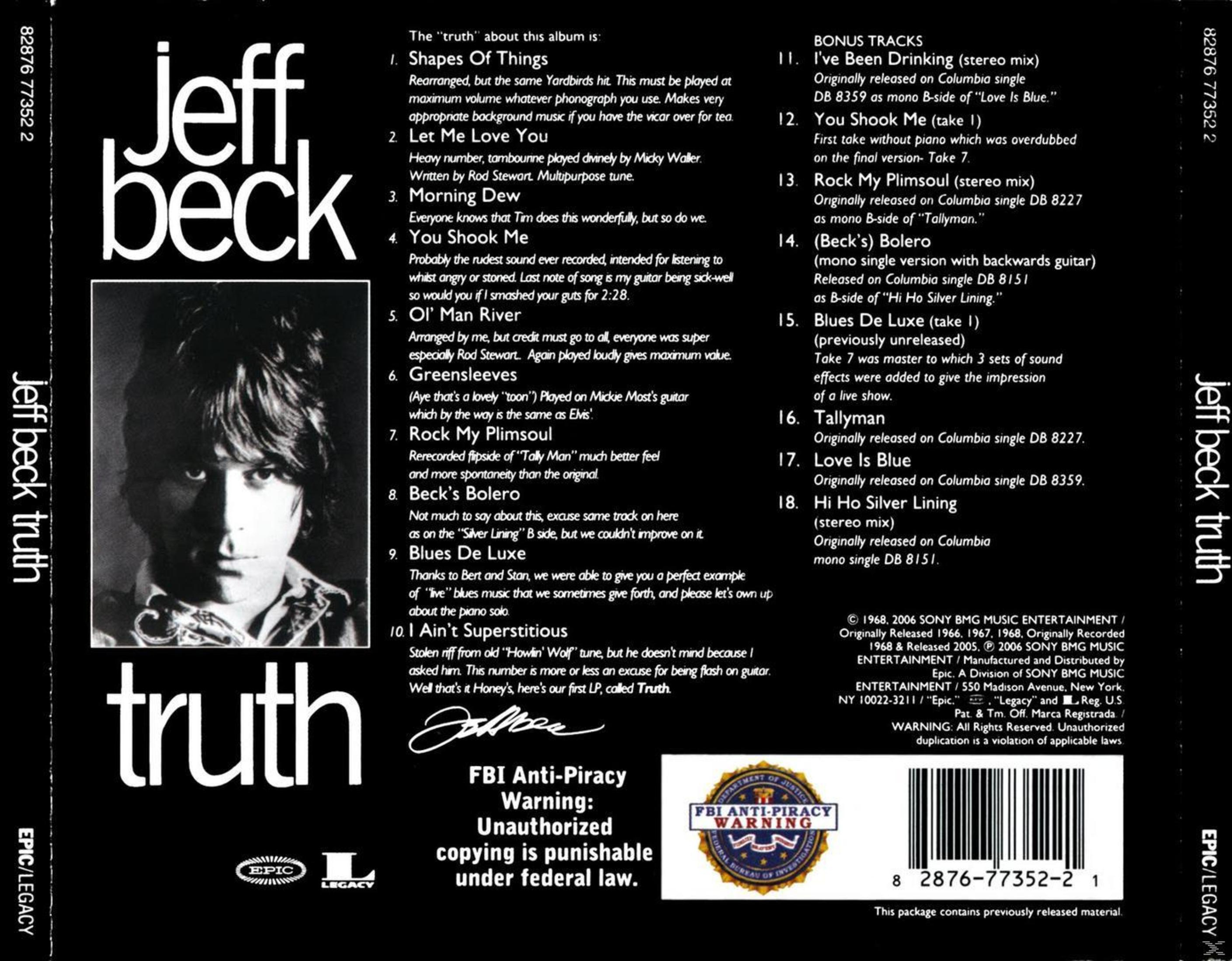 Copertina dell'album 'Jeff Beck Truth', con un ritratto e testo sul retro dell'album.