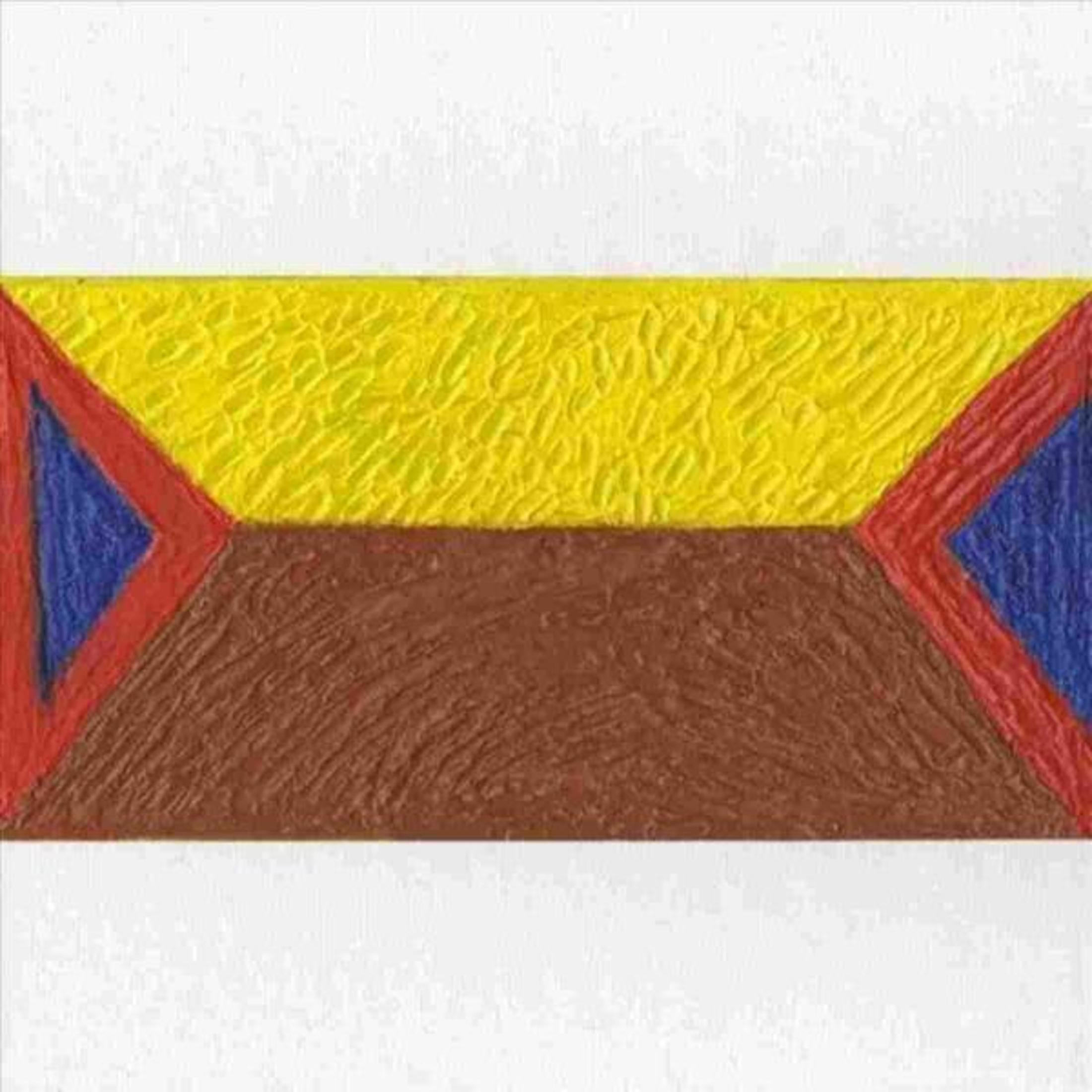 Opera d'arte astratta con forme geometriche gialle, marroni e blu.