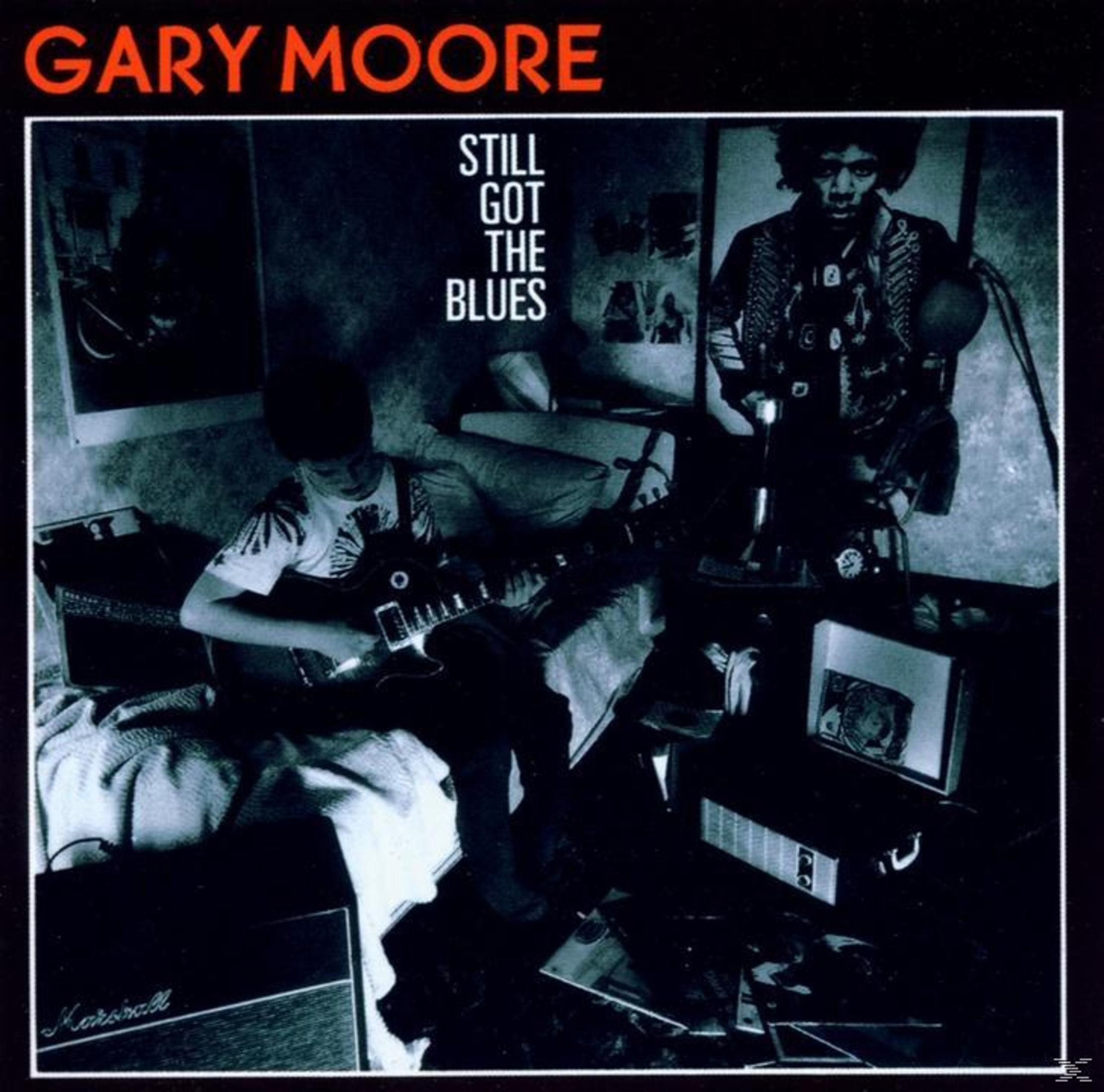 Albumcover: Gary Moore, Still Got the Blues. Man speelt gitaar in een kamer met posters.