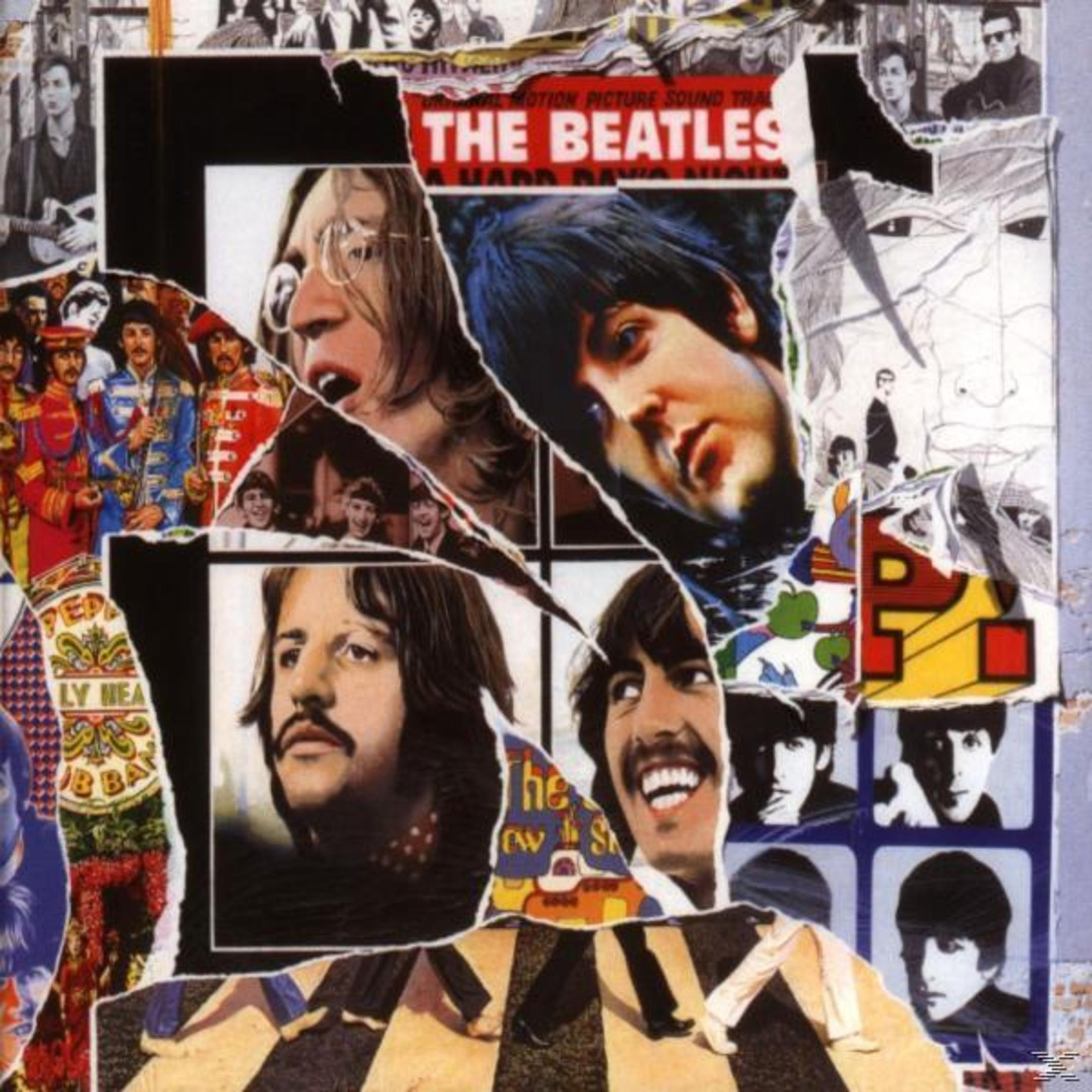 Copertina dell'album: Collage di volti dei Beatles e membri della band. The Beatles, A Hard Day's Night.