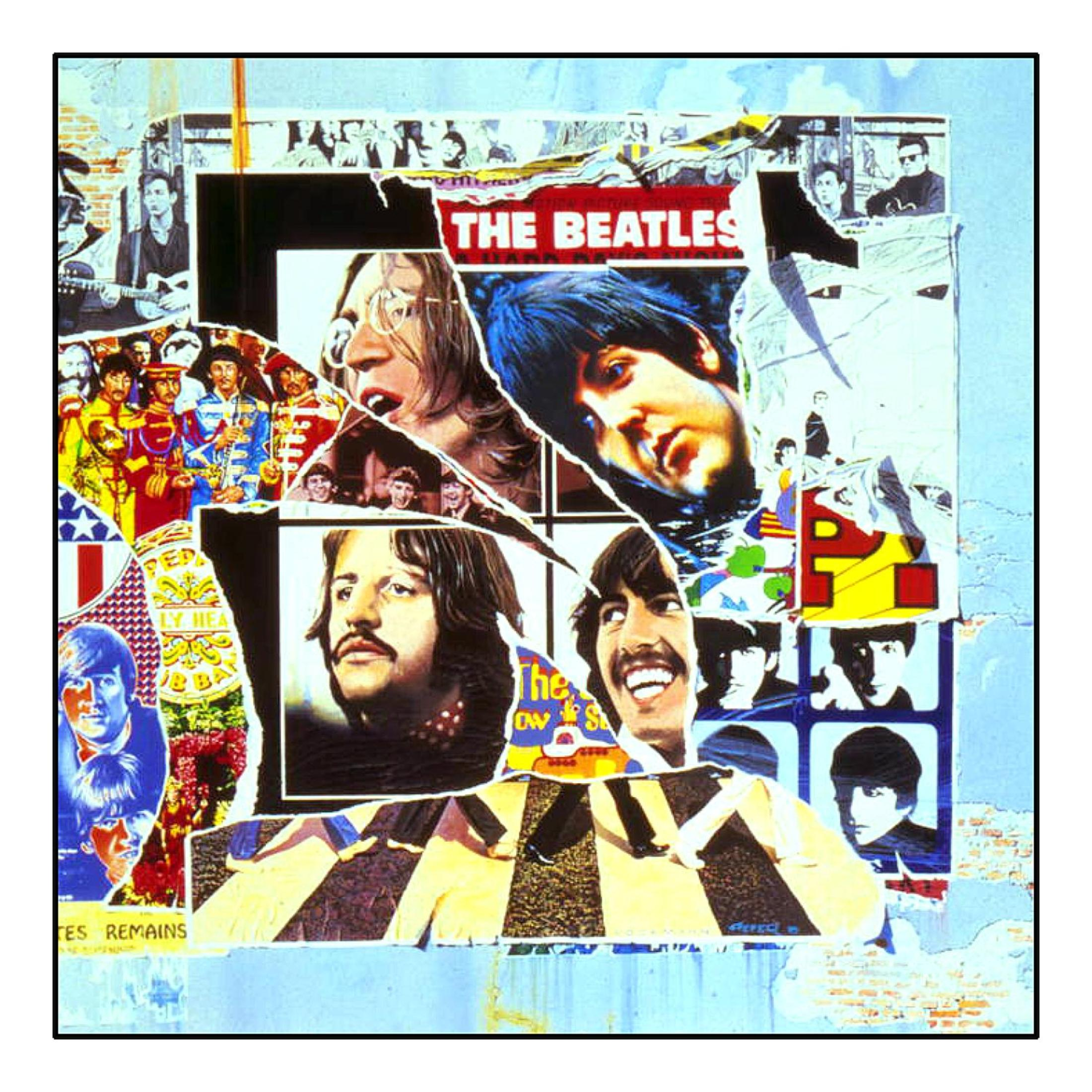 Collage della copertina dell'album dei Beatles. Sono visibili i volti dei membri della band.