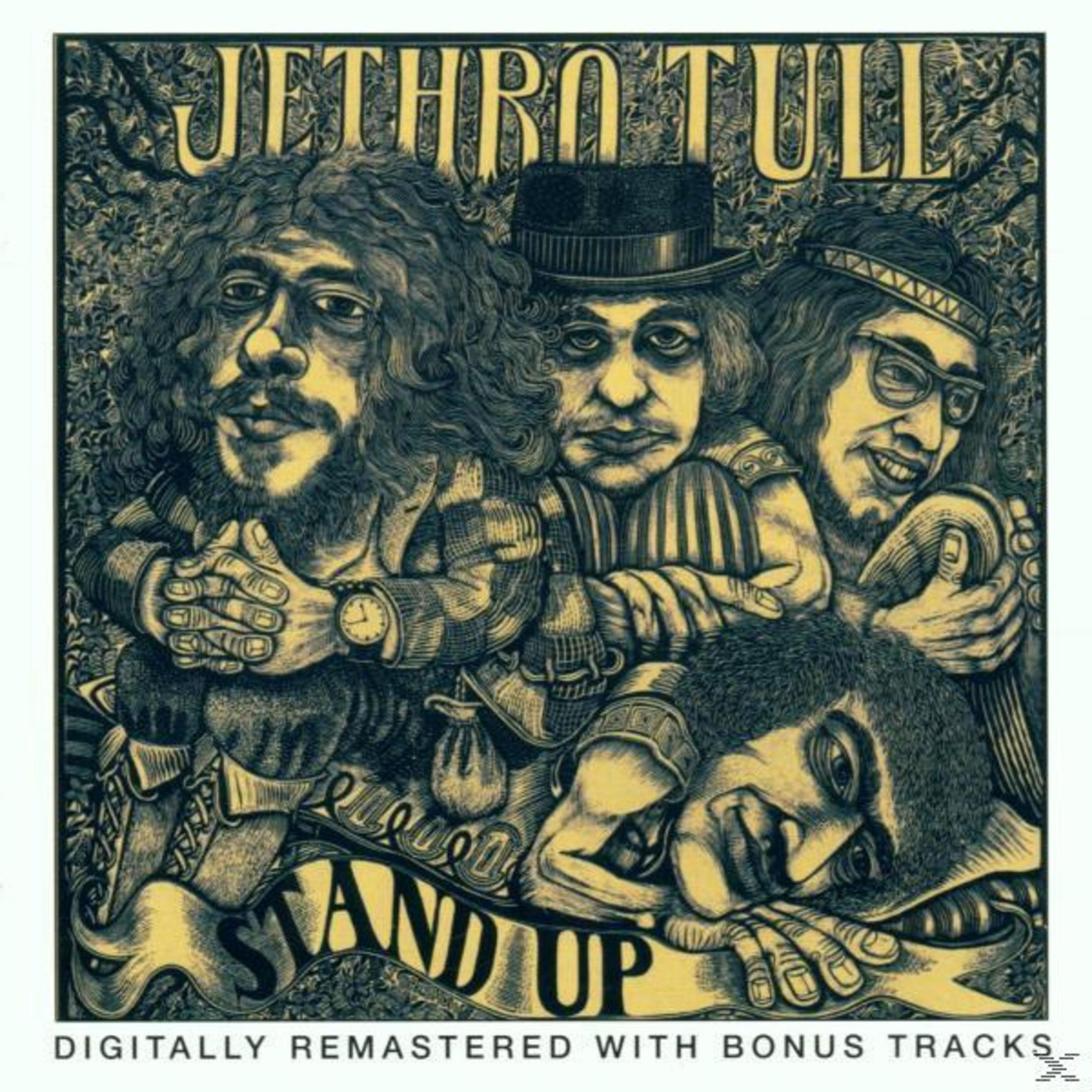 Copertina dell'album con un'immagine in bianco e nero. Il titolo è Jethro Tull Stand Up.