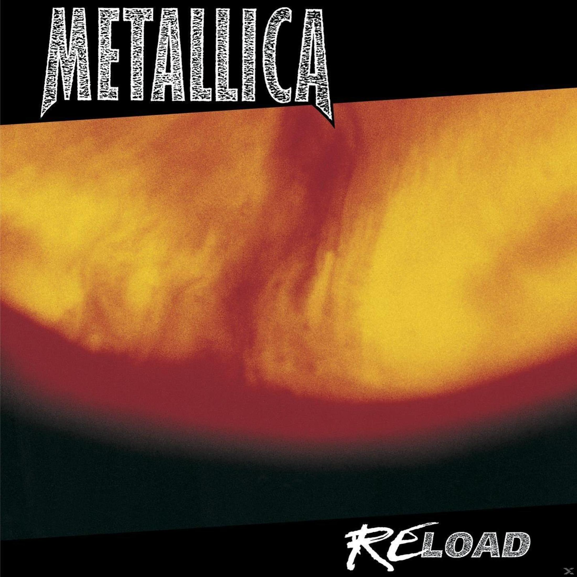 Copertina dell'album Metallica, titolo in bianco, sfondo arancione e nero sfocato e un titolo nero Reload in basso.