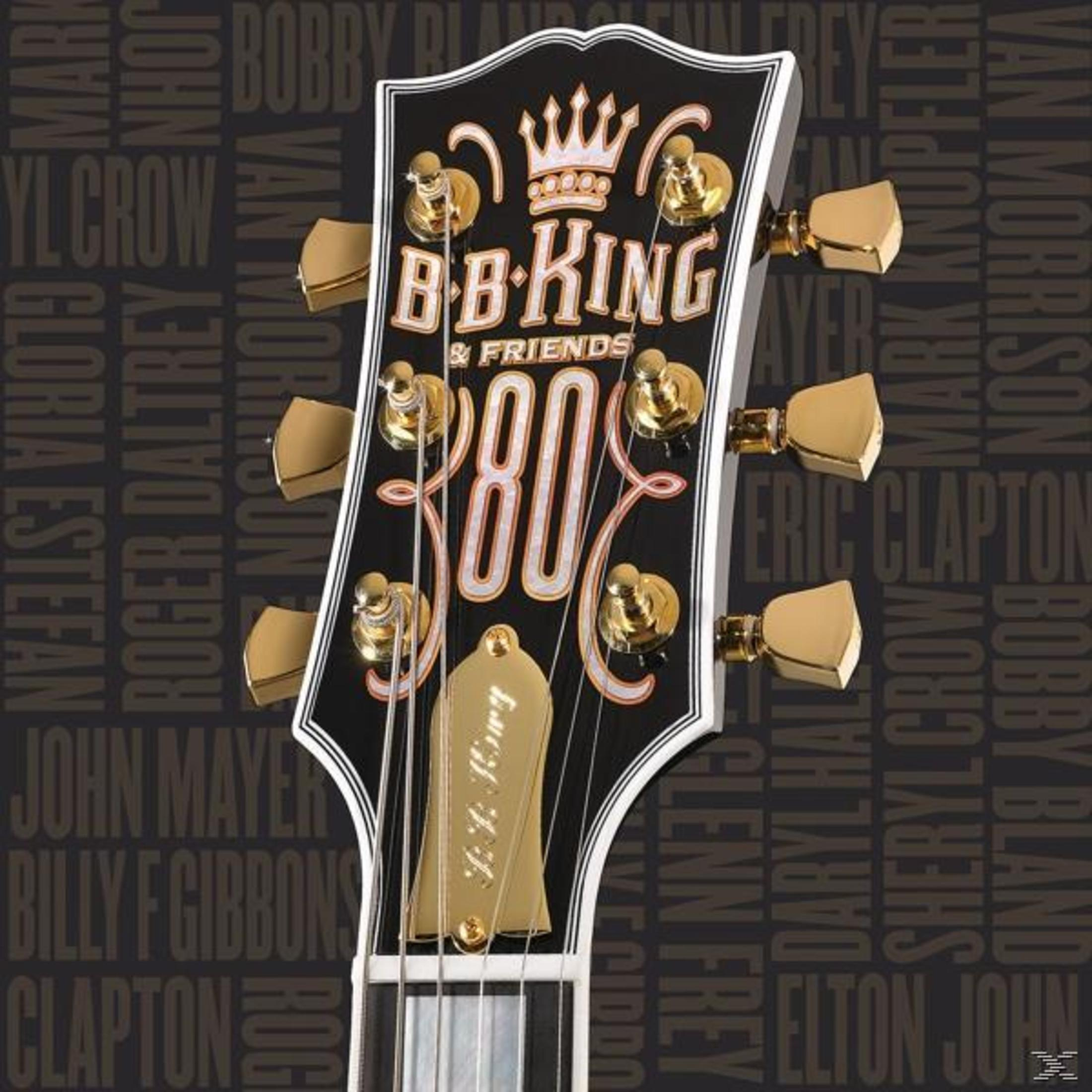Gitaar kop met gouden hardware. B.B. King & Friends 80 logo. Namen van muzikanten op de zijkant.