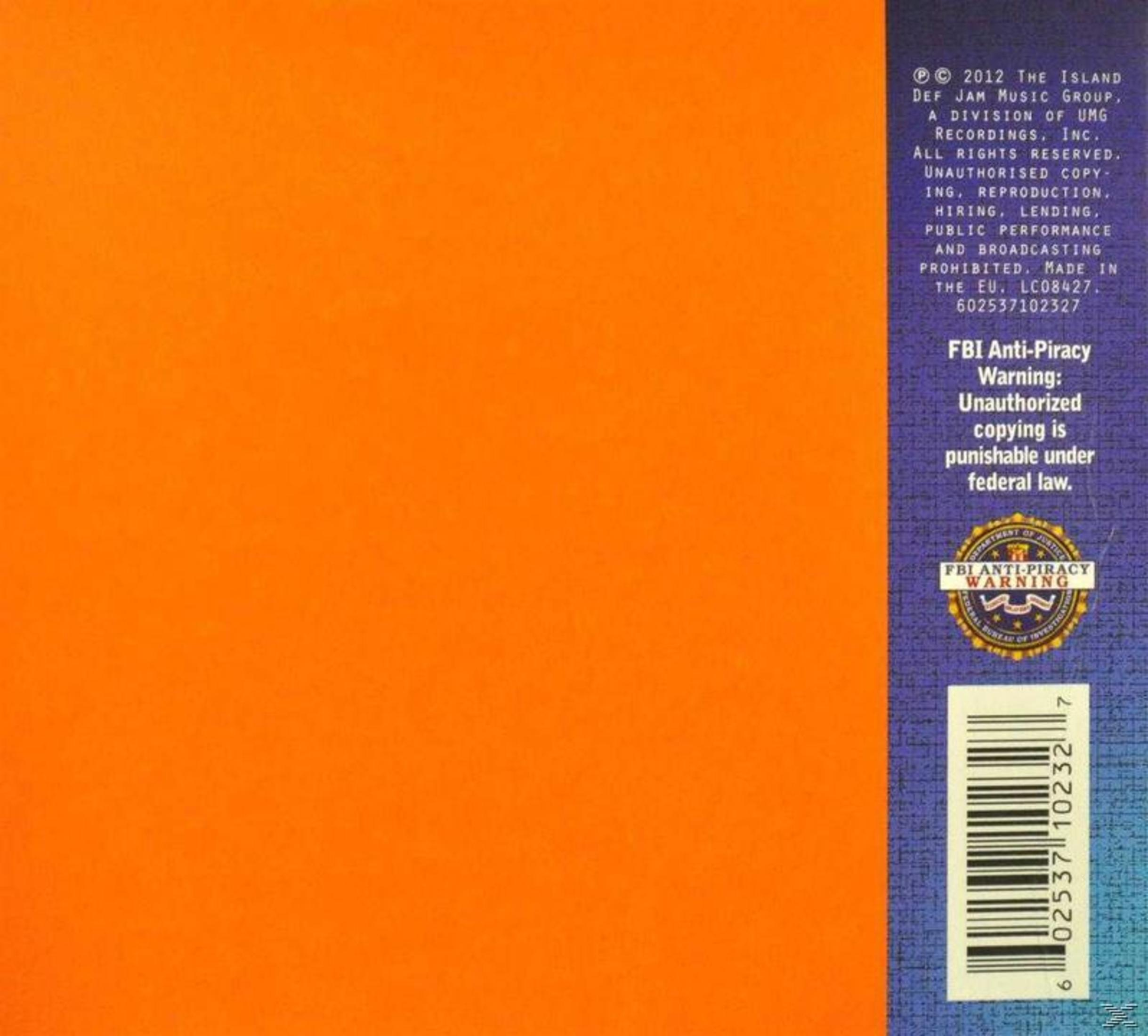 Oranje CD-hoes met witte tekst en een FBI anti-pirateriewaarschuwing. Tekst bevat juridische informatie.