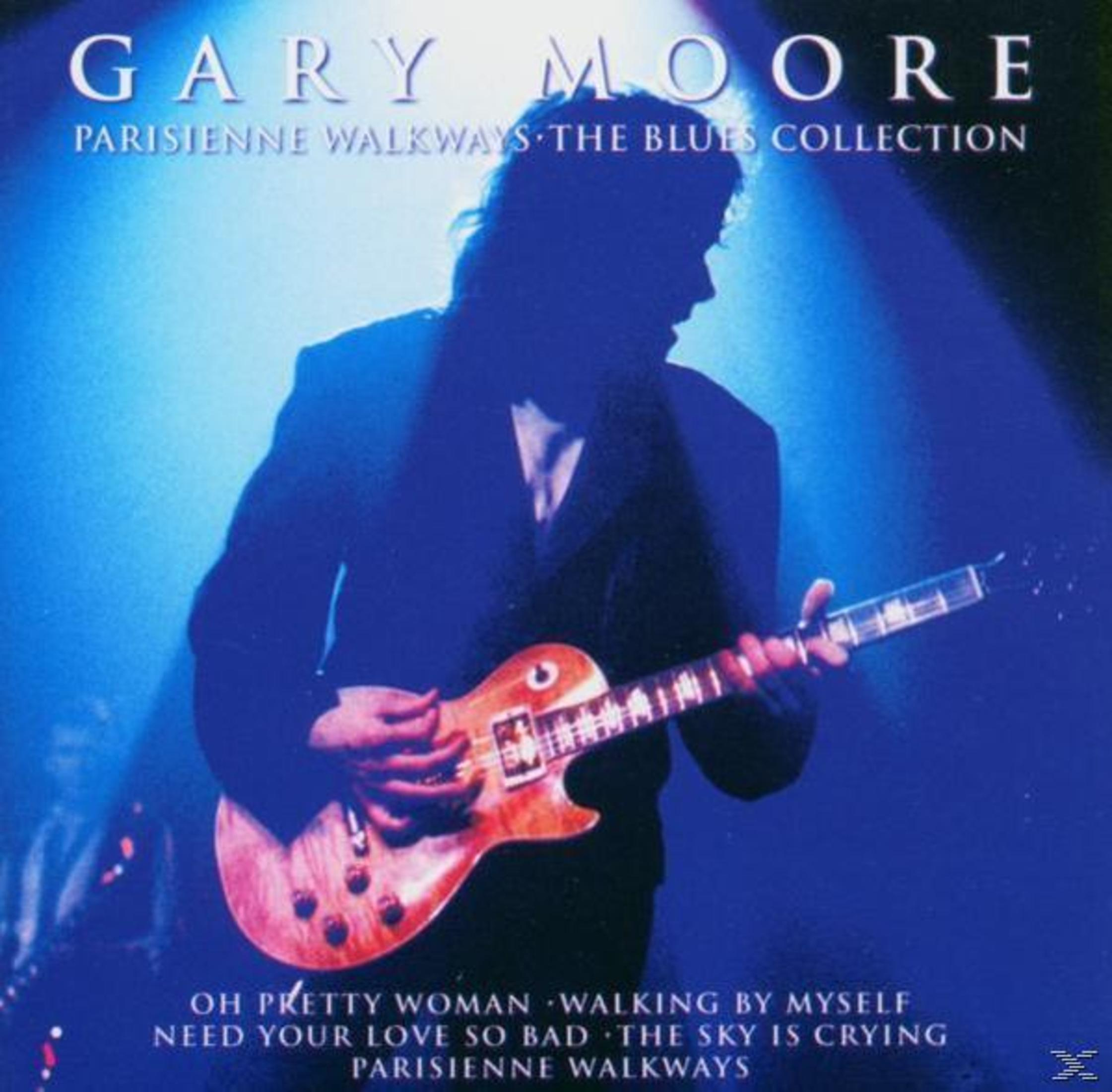 Copertina dell'album. Gary Moore suona la chitarra. Titolo: Parisian Walkways. Blues Collection. Sfondo blu.