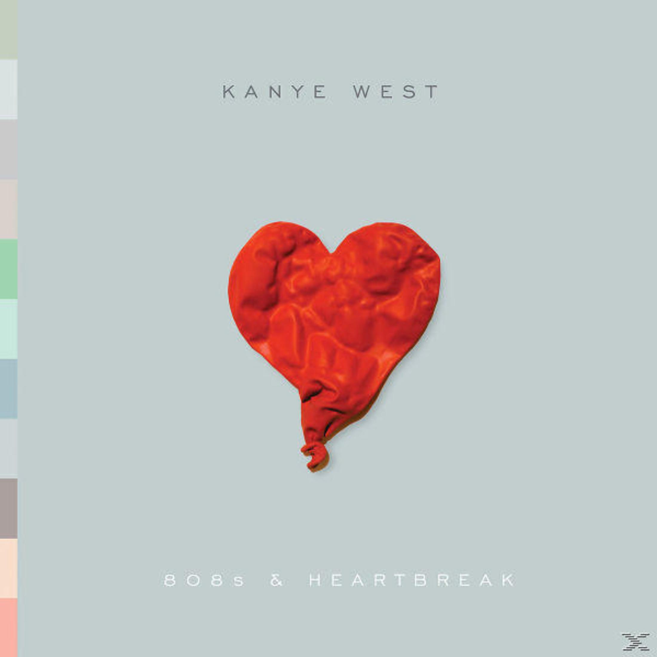 Albumcover mit einem roten Ballonherz. Der Text lautet 'KANYE WEST 808s & HEARTBREAK' auf grauem Hintergrund.