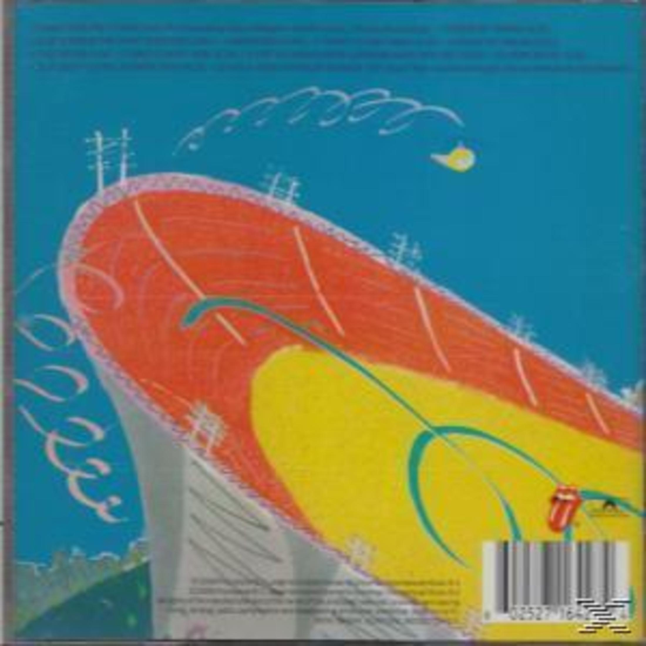 Albumhoes met een rood en geel abstract ontwerp op een blauwe achtergrond met een Rolling Stones-logo.