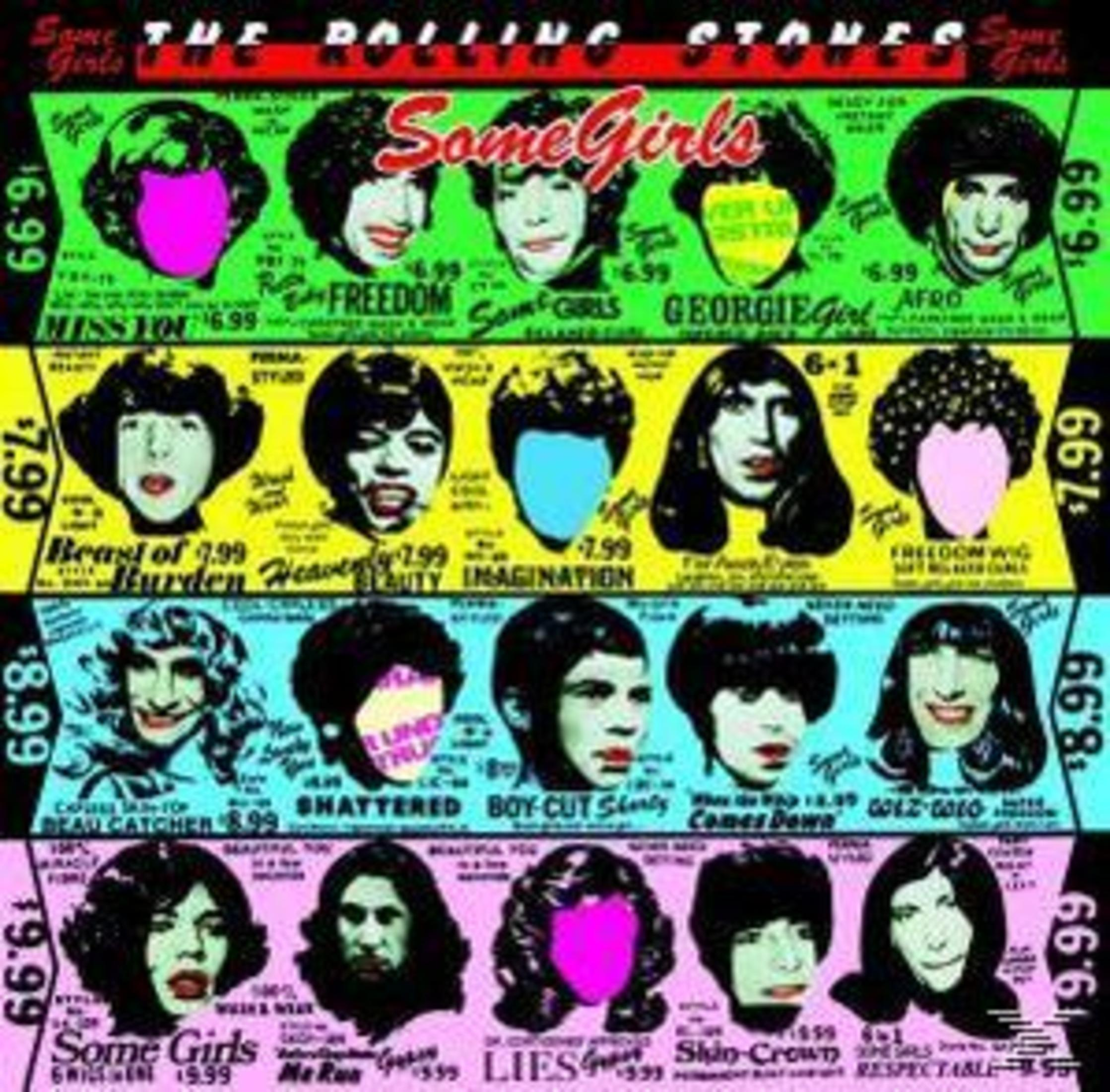 Okładka albumu z wieloma twarzami w siatce. Tekst brzmi "Some Girls" i tytuły utworów.