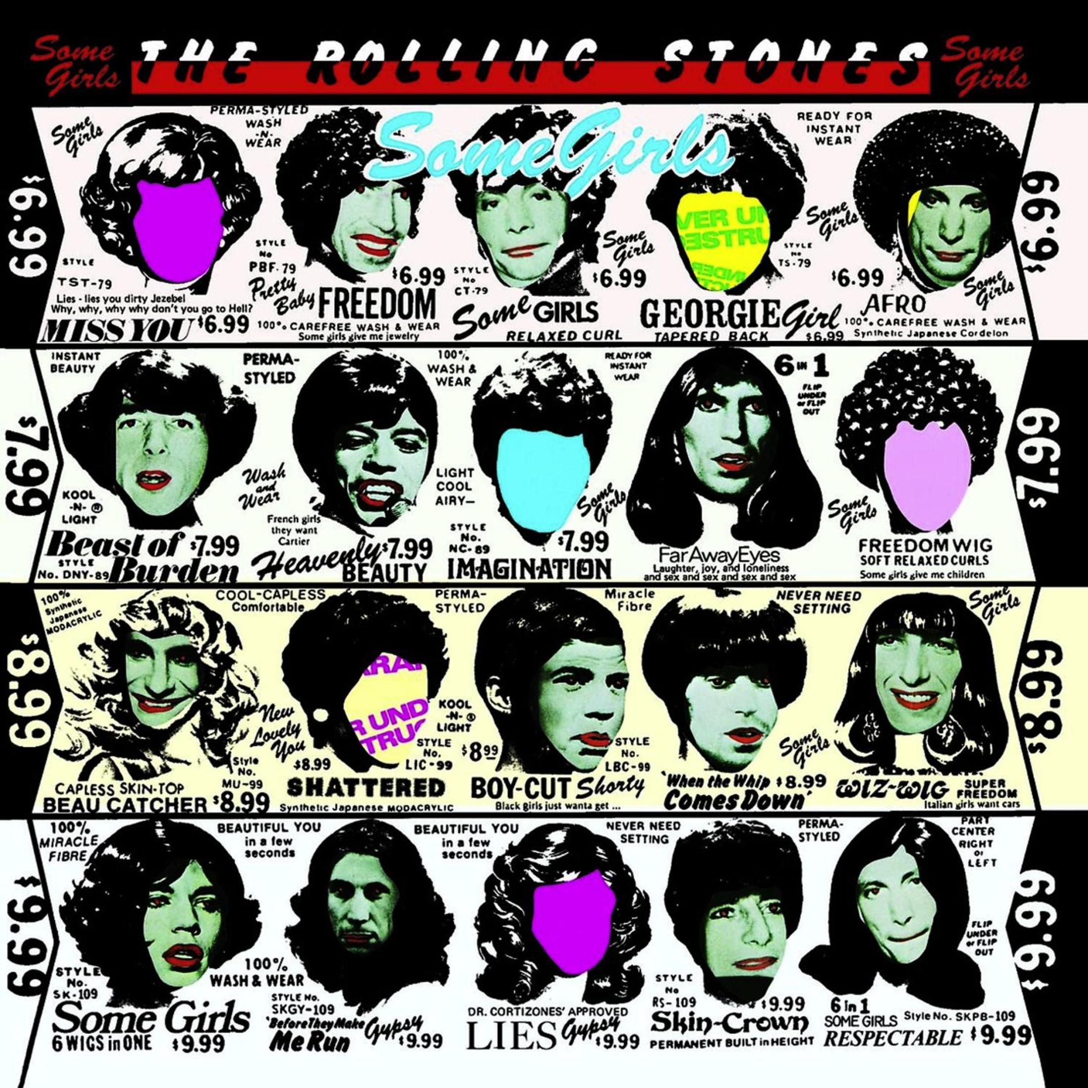 Okładka albumu z wieloma twarzami i tekstem 'Some Girls' The Rolling Stones.