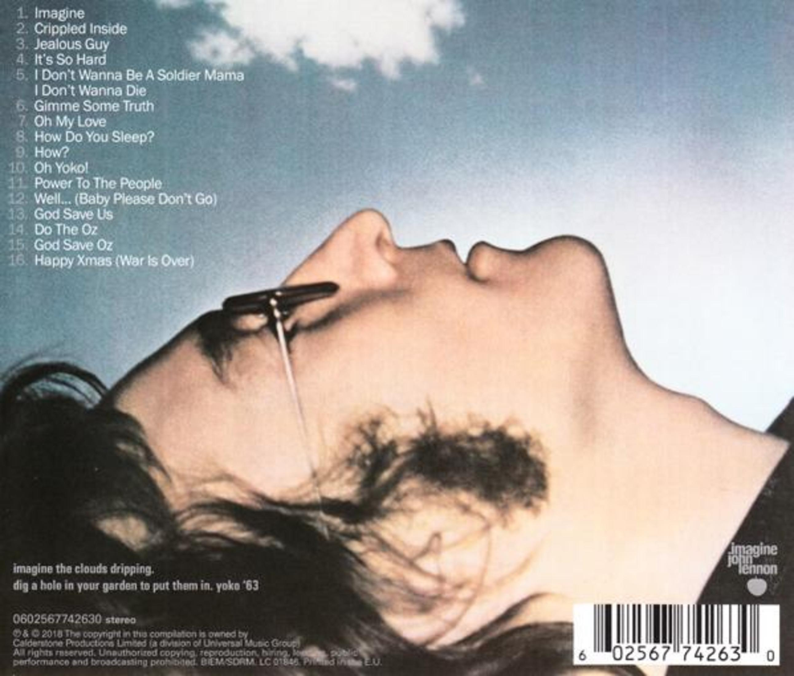 Copertina dell'album: volto di John Lennon che guarda in alto, con scaletta e testi di Imagine.